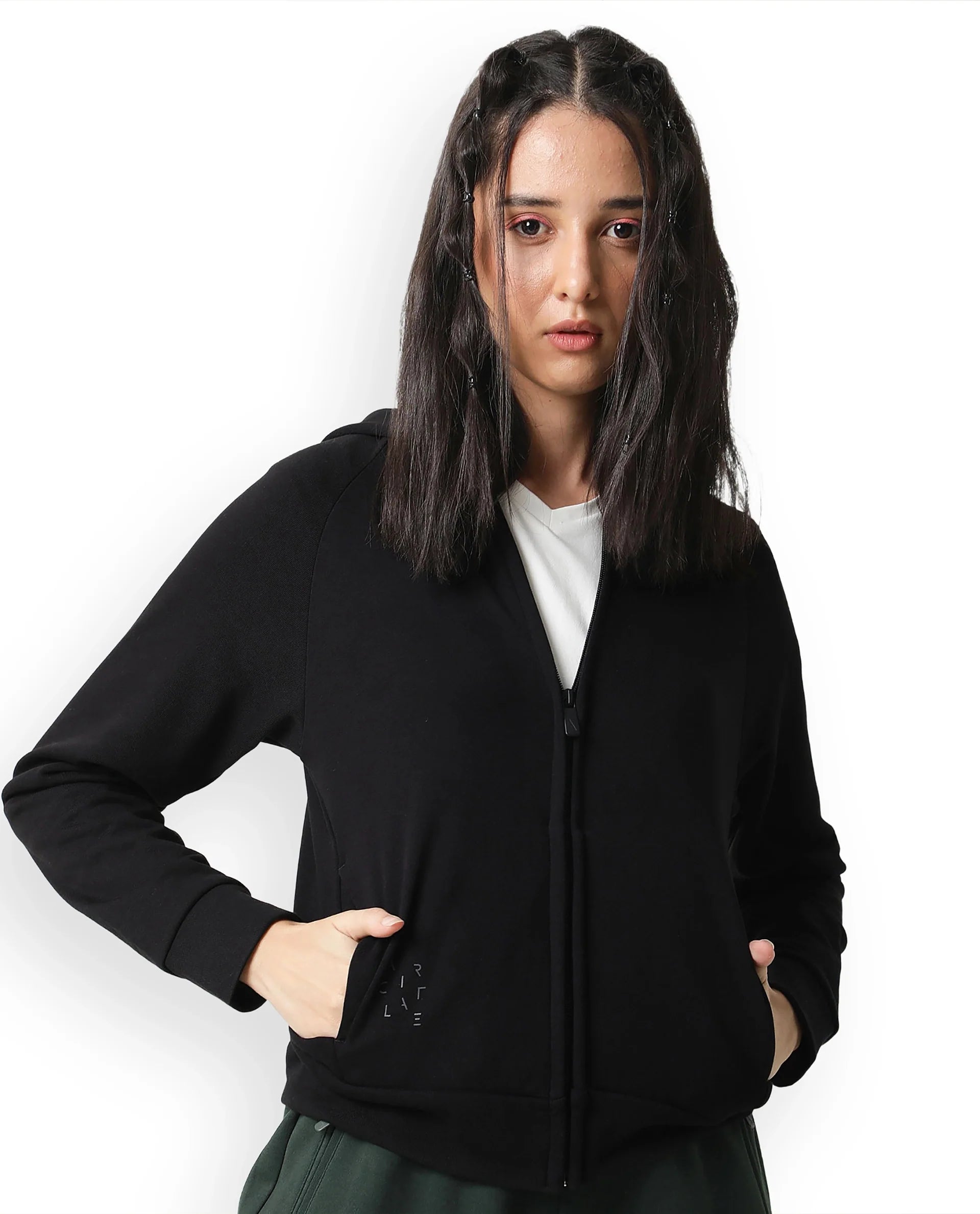 Rareism Women Capper Black Cotton Blend Fabric Full Sleeves Solid Hooded Jacket