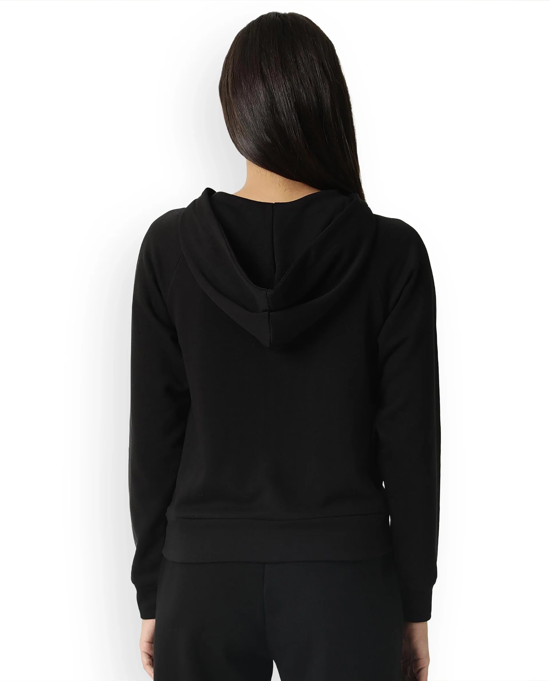 Rareism Women Capper Black Cotton Blend Fabric Full Sleeves Solid Hooded Jacket