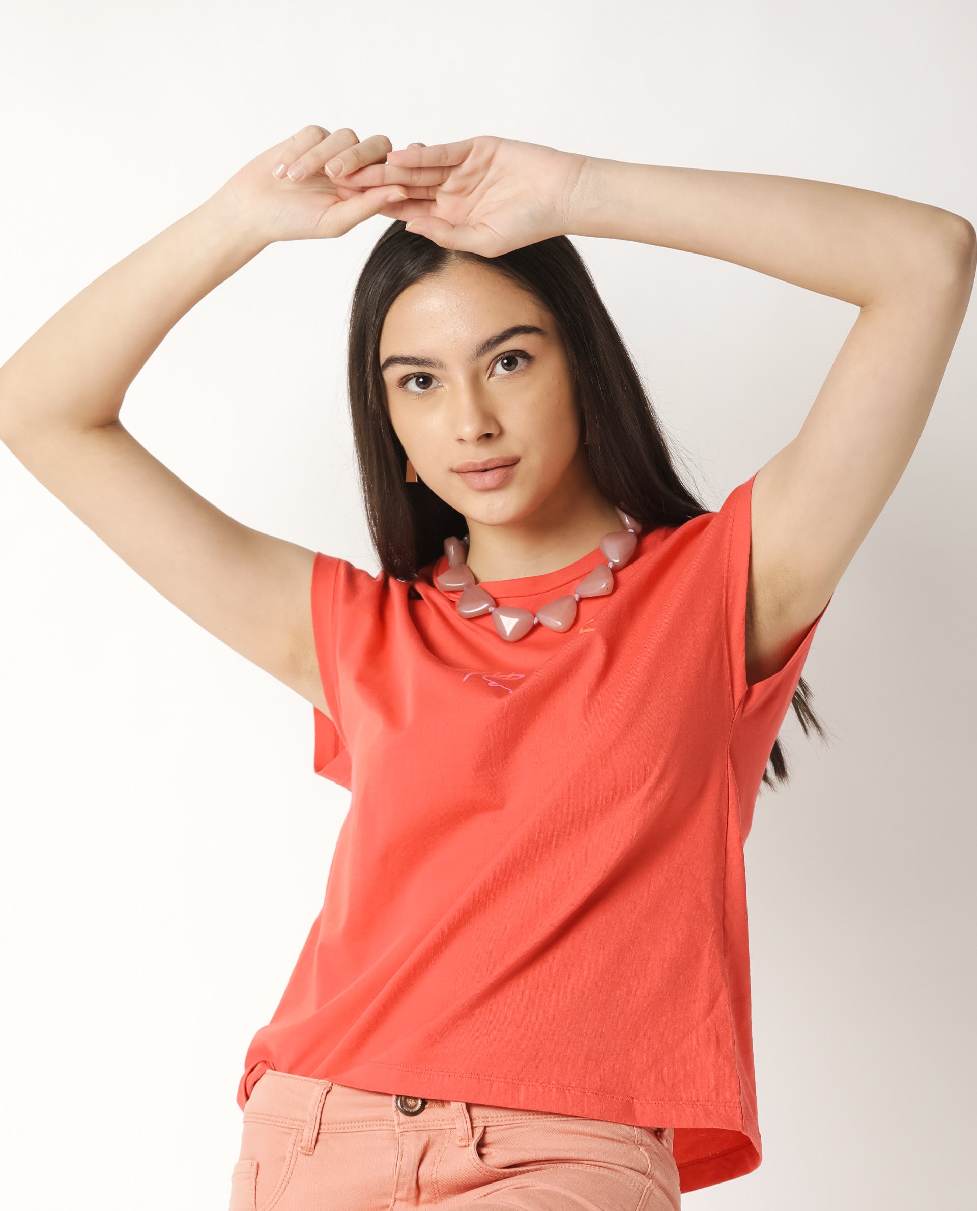 Rareism Womens Caprico Red T-Shirt Cotton Fabric Regular Fit Half Sleeve Round Neck