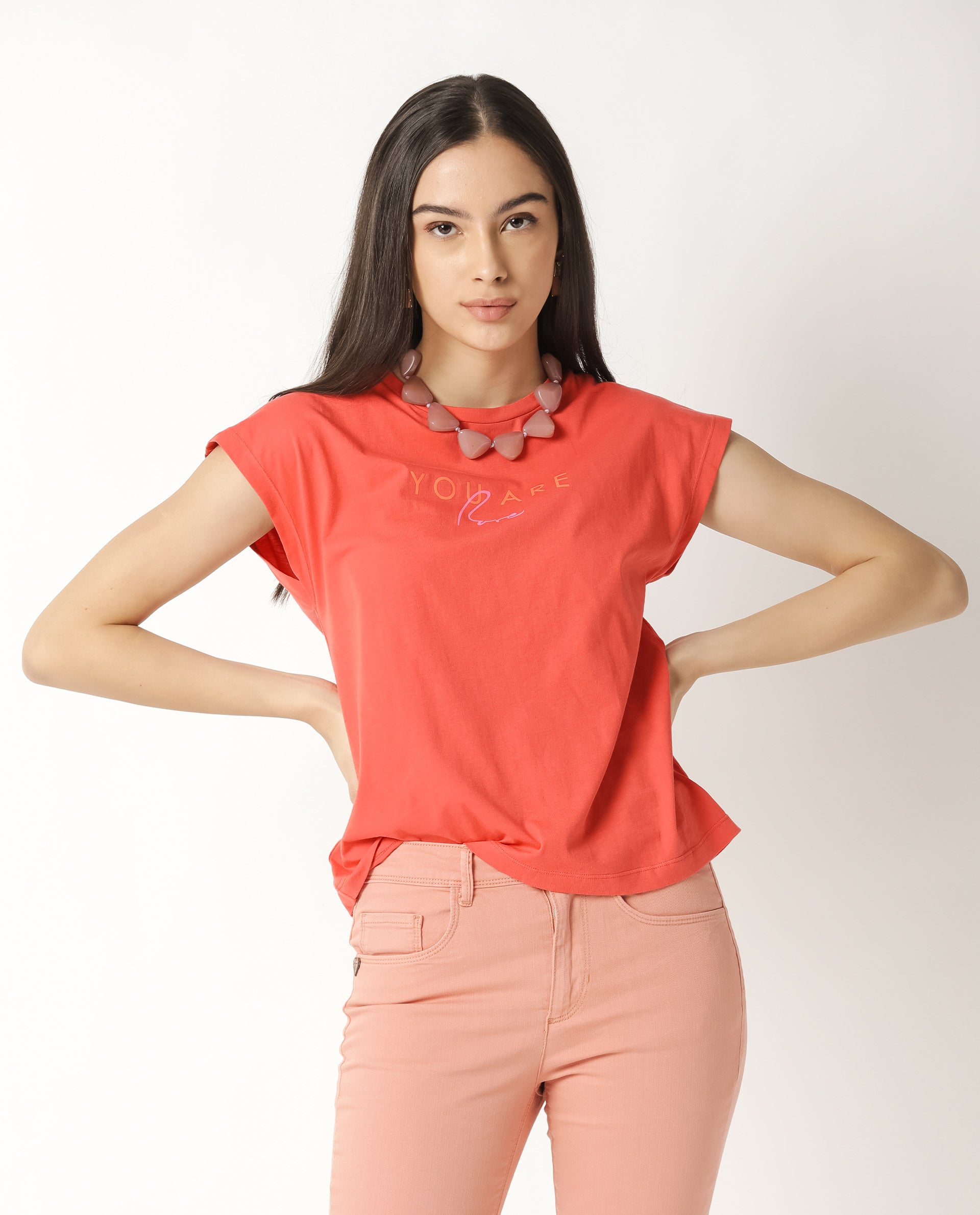 Rareism Womens Caprico Red T-Shirt Cotton Fabric Regular Fit Half Sleeve Round Neck