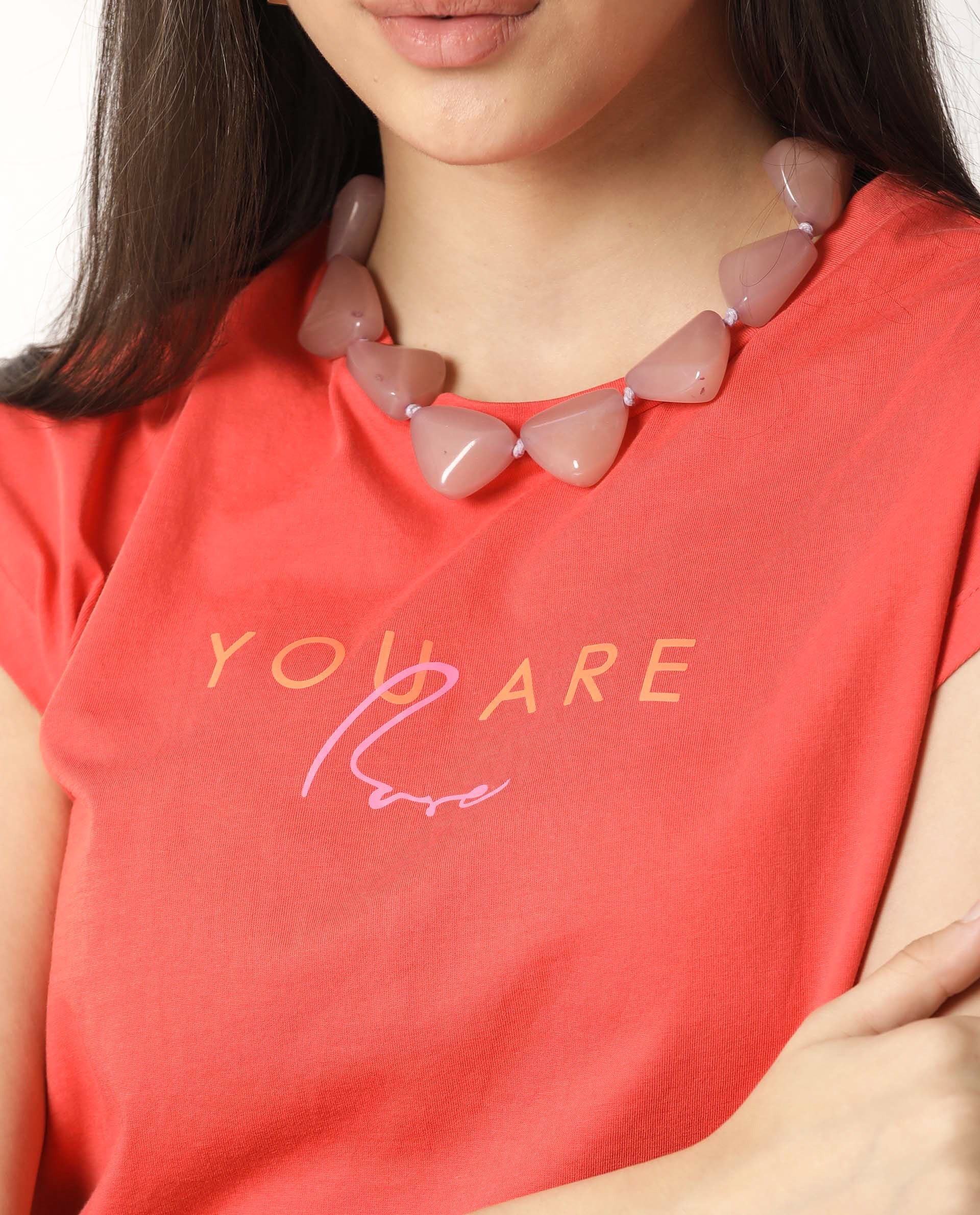 Rareism Womens Caprico Red T-Shirt Cotton Fabric Regular Fit Half Sleeve Round Neck