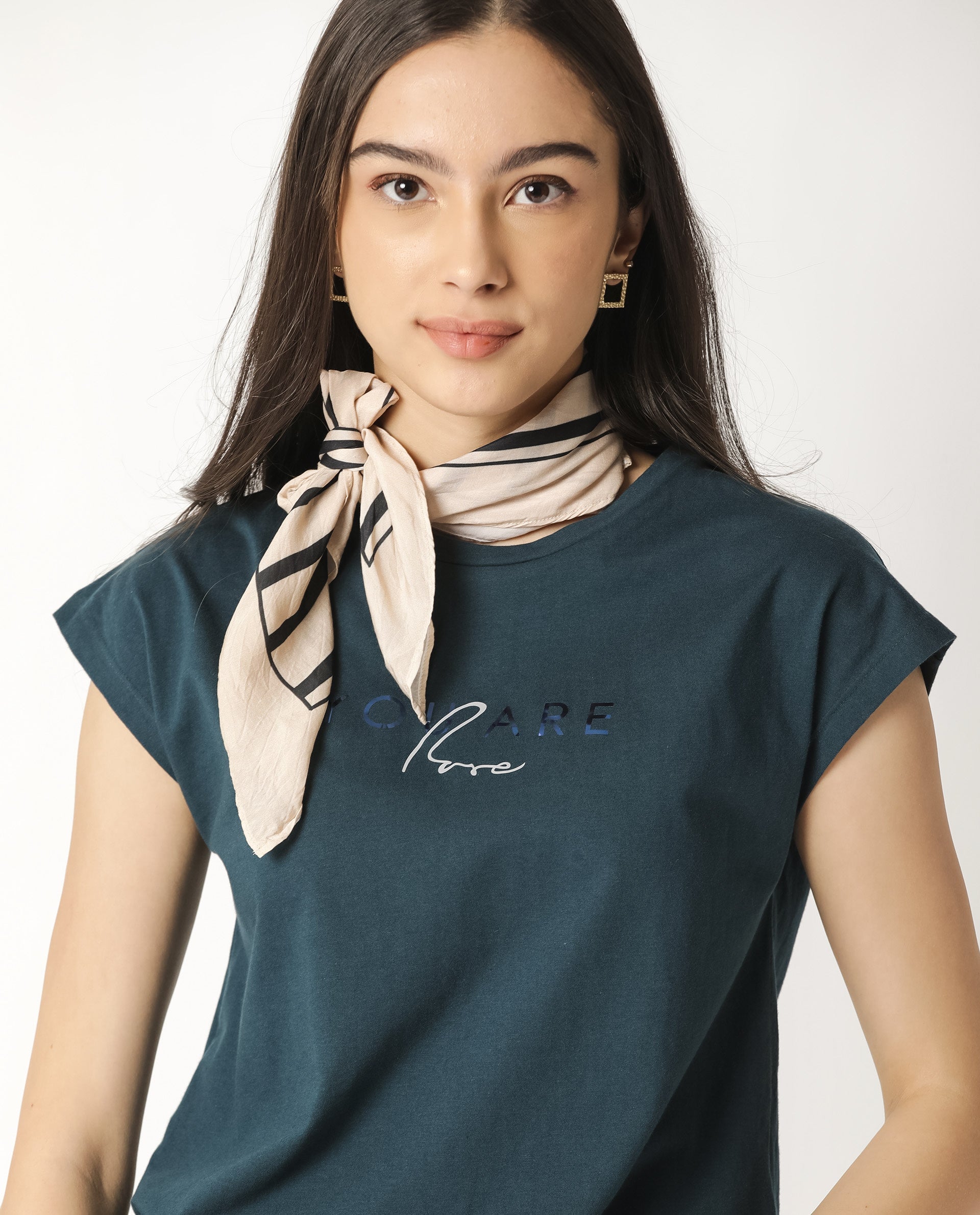 Rareism Womens Caprico Petrol T-Shirt Cotton Fabric Regular Fit Half Sleeve Round Neck