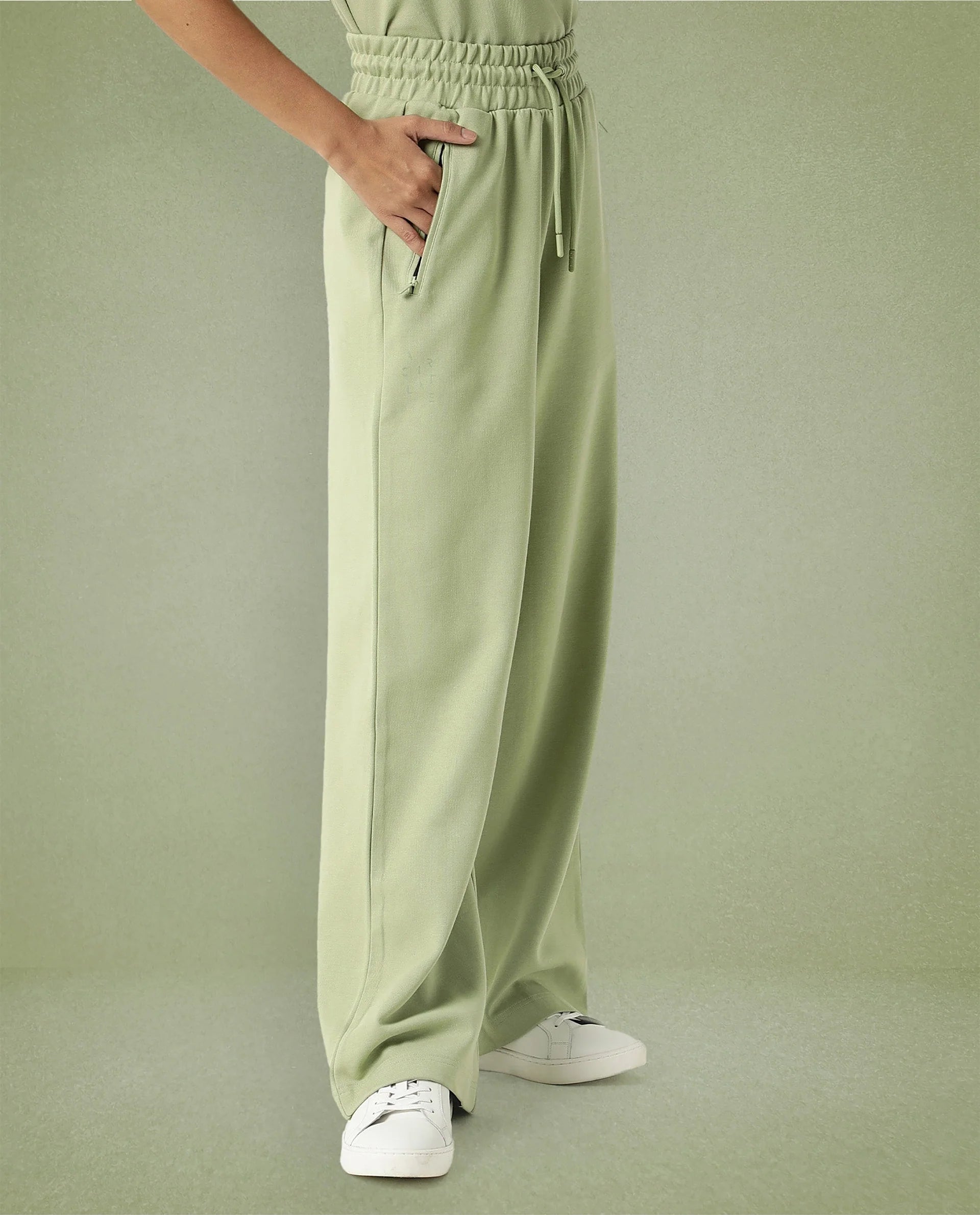 Rareism Women Capsule Light Green Cotton Blend Fabric Relaxed Fit Solid Mid Rise Ankle Length Track Pant