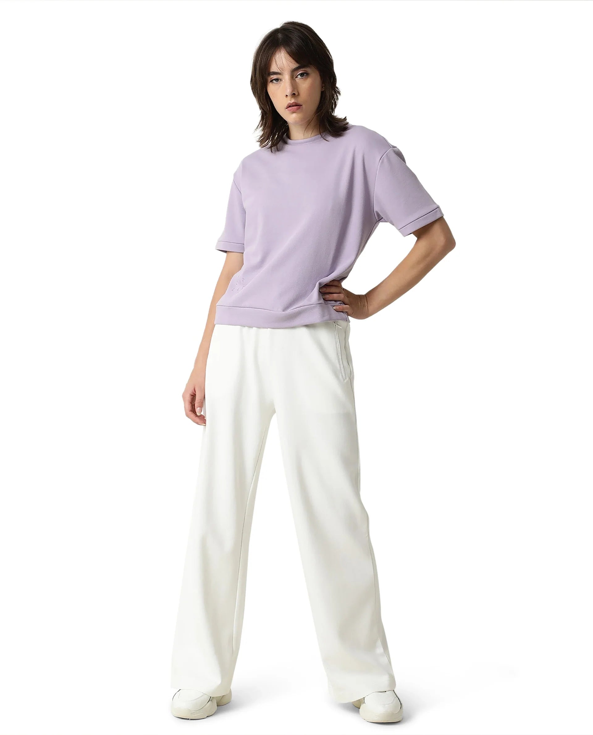 Rareism Women Capsule Off White Cotton Blend Fabric Relaxed Fit Solid Mid Rise Ankle Length Track Pant