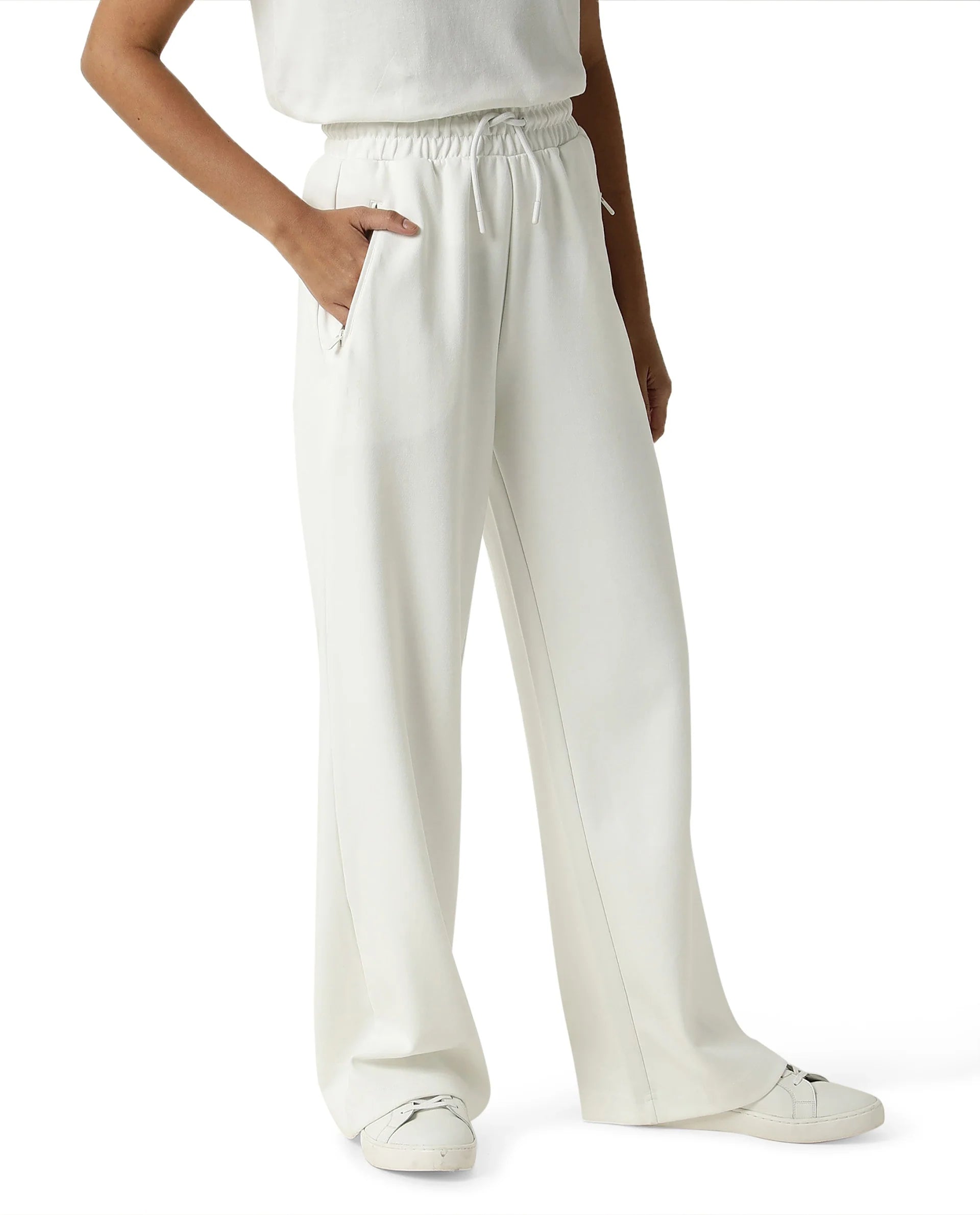 Rareism Women Capsule Off White Cotton Blend Fabric Relaxed Fit Solid Mid Rise Ankle Length Track Pant