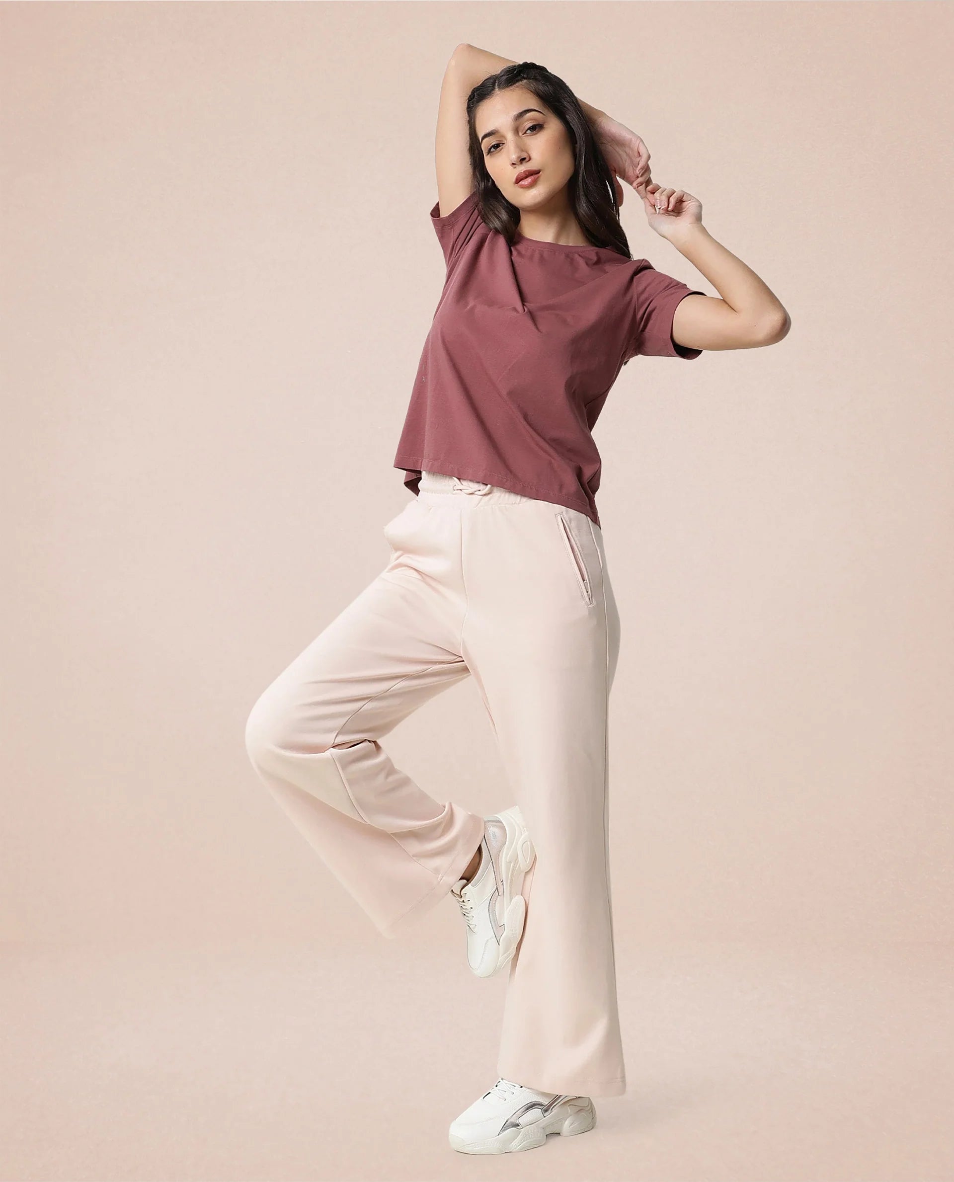 Rareism Women Capsule Pink Cotton Blend Fabric Relaxed Fit Solid Mid Rise Ankle Length Track Pant