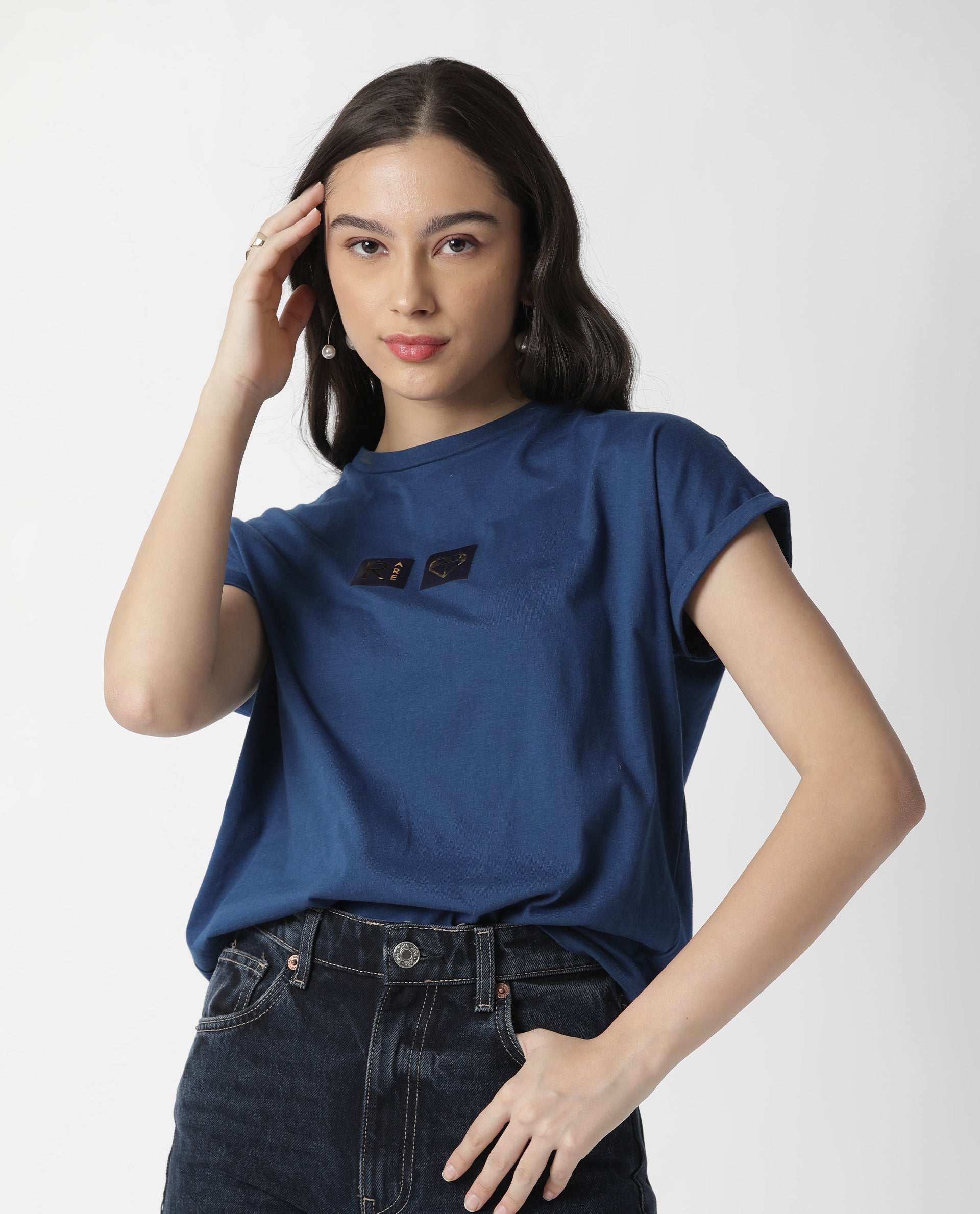 Rareism Womens Cardi Blue T-Shirt Cotton Fabric Regular Fit Half Sleeve Round Neck