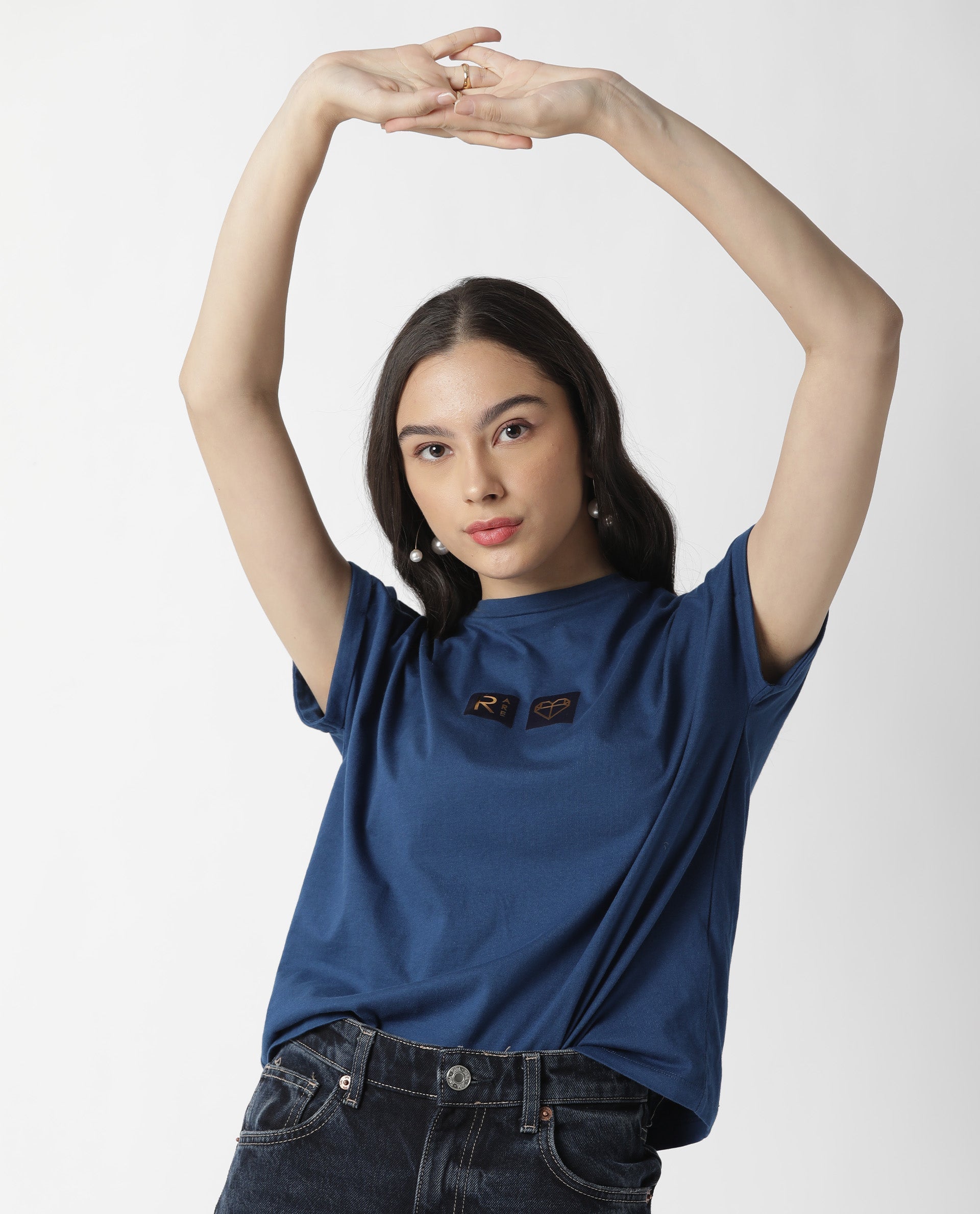 Rareism Womens Cardi Blue T-Shirt Cotton Fabric Regular Fit Half Sleeve Round Neck