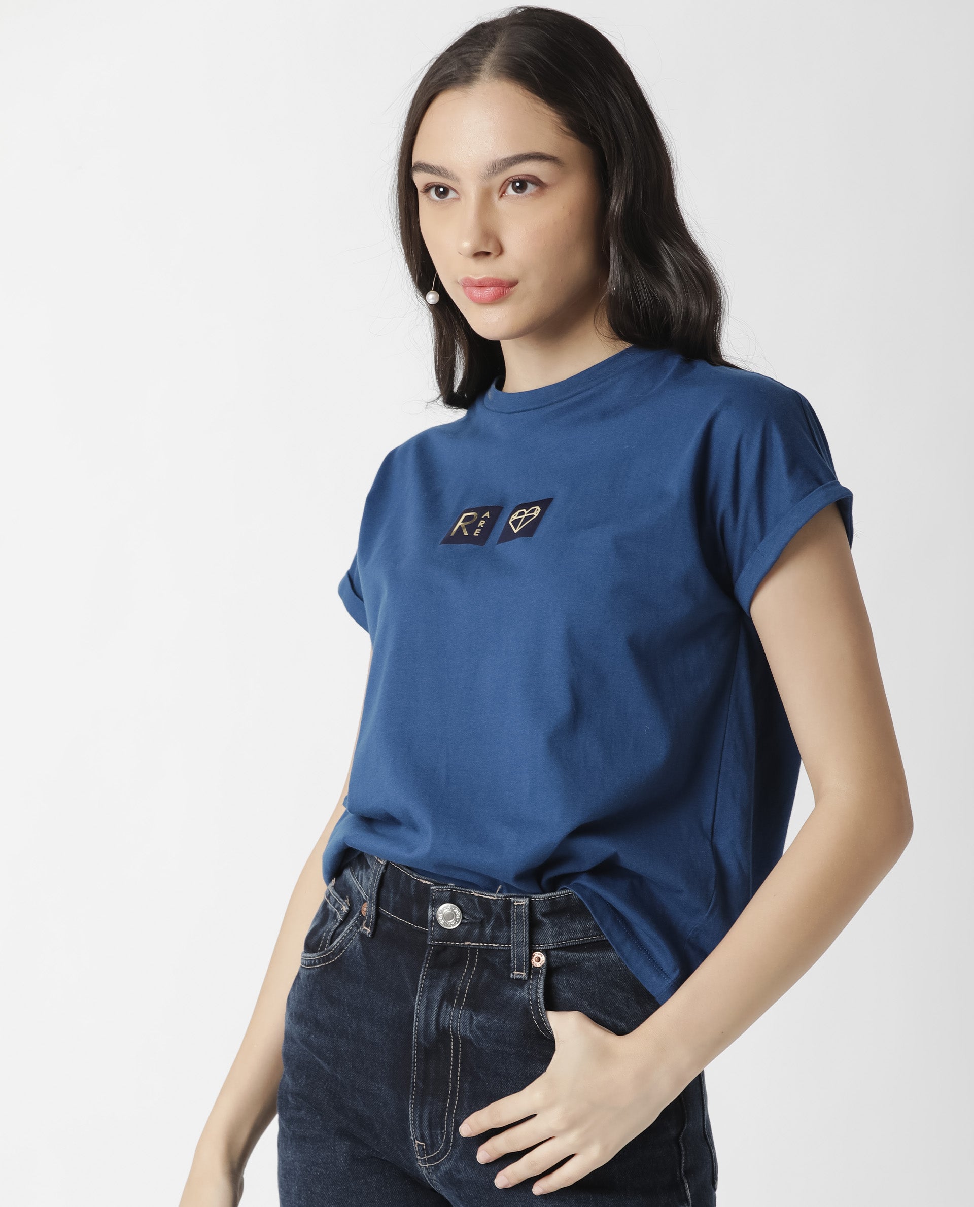 Rareism Womens Cardi Blue T-Shirt Cotton Fabric Regular Fit Half Sleeve Round Neck