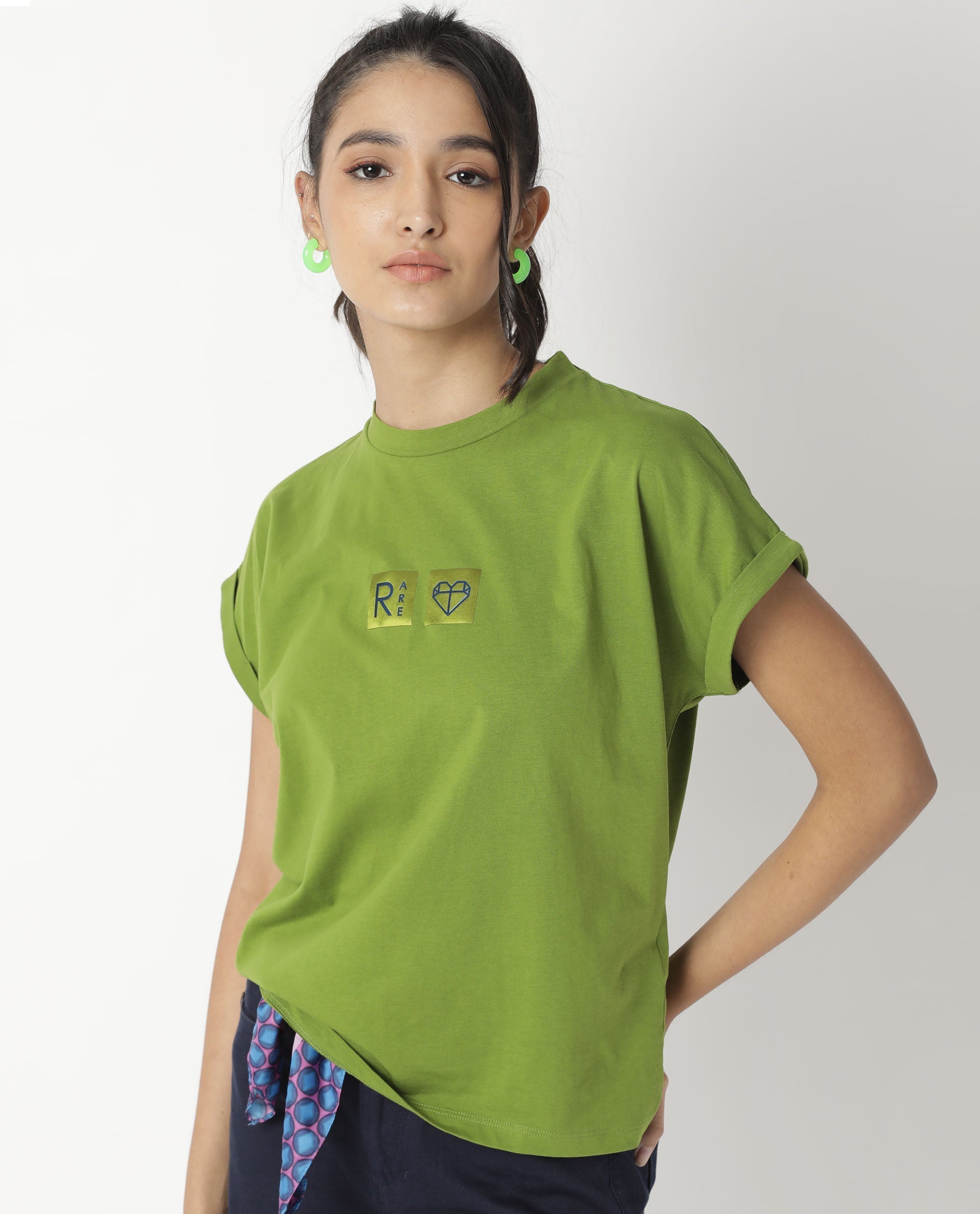 Rareism Womens Cardi Green T-Shirt Cotton Fabric Regular Fit Half Sleeve Round Neck