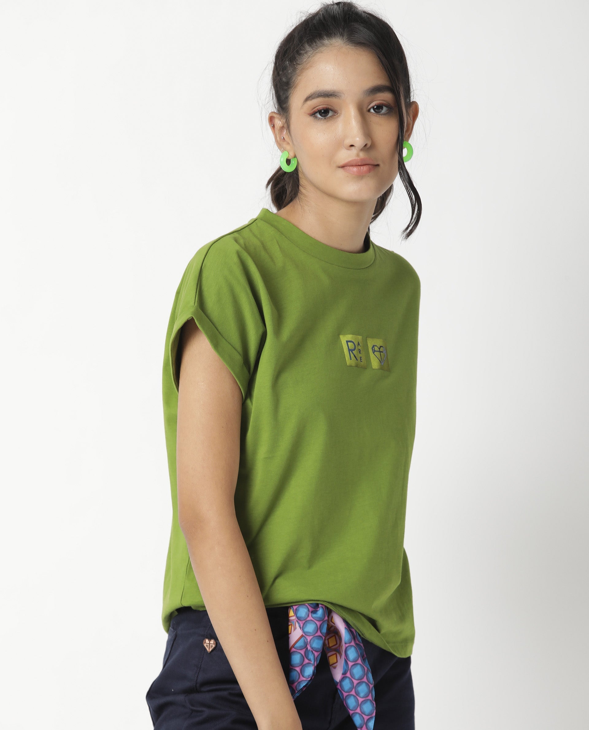 Rareism Womens Cardi Green T-Shirt Cotton Fabric Regular Fit Half Sleeve Round Neck
