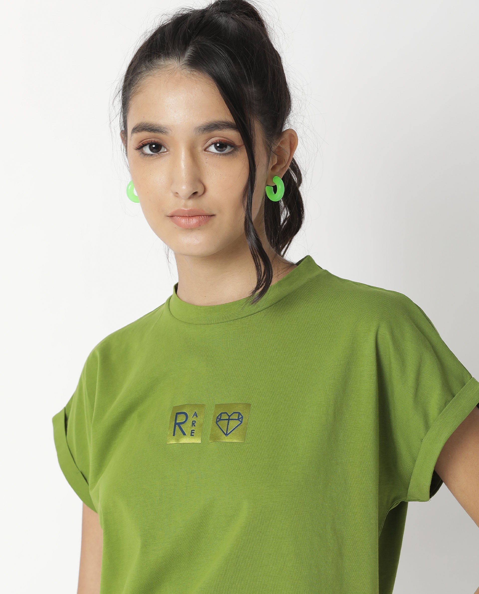 Rareism Womens Cardi Green T-Shirt Cotton Fabric Regular Fit Half Sleeve Round Neck