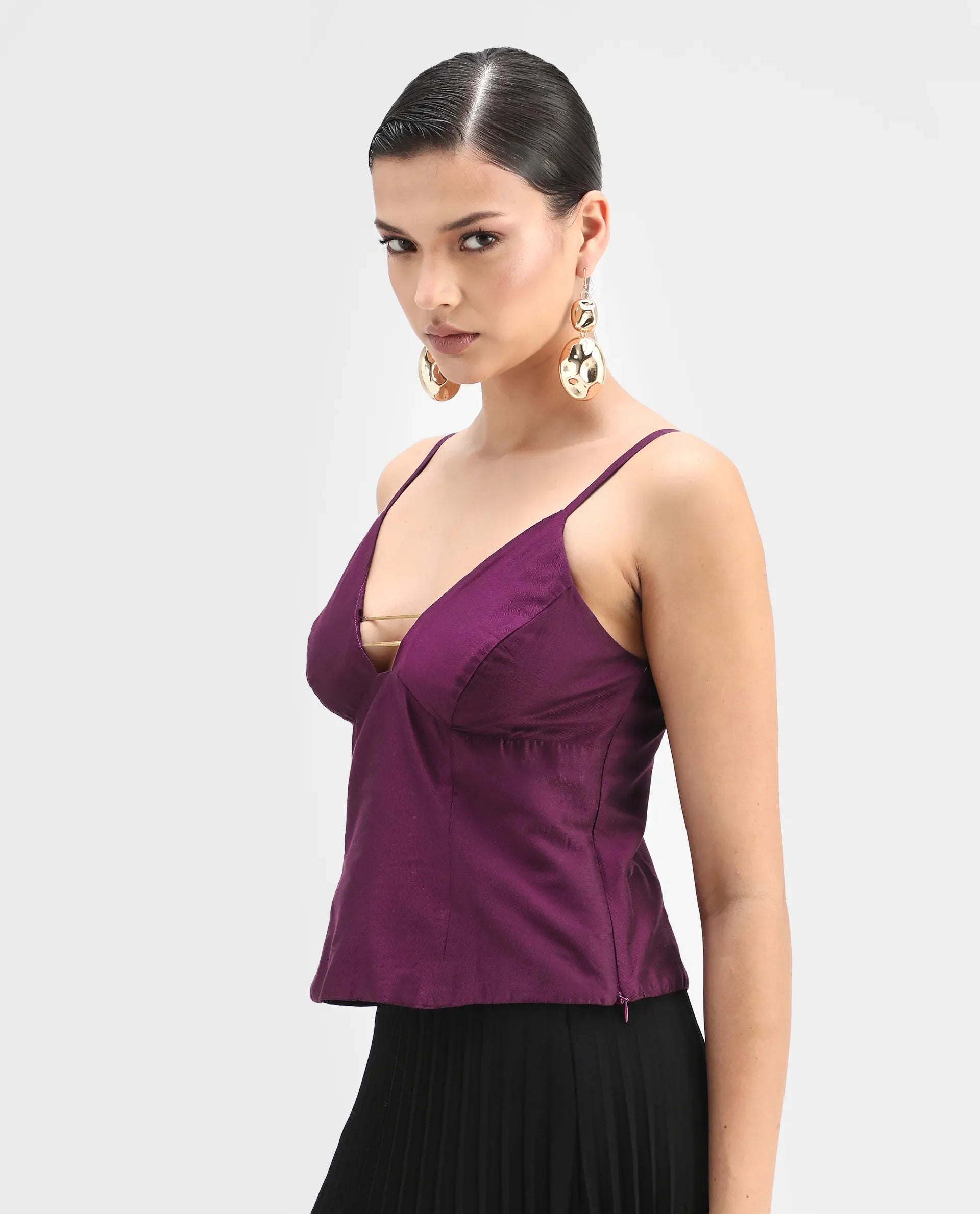 Rareism Women's Carfa Purple Silk Shoulder Strap Plain Sleeveless Crop Fitted Top
