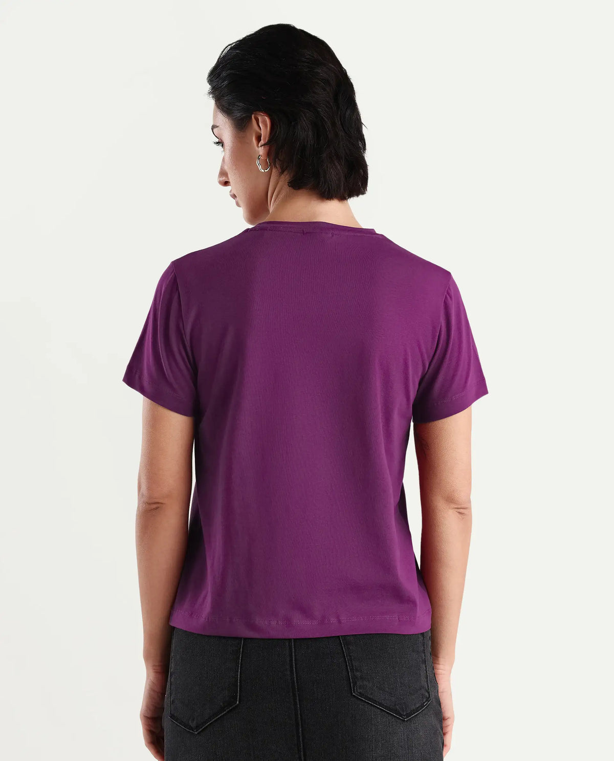 Rareism Women's Carob Dark Pink Linen Crew Neck Plain Regular Fit T-Shirt