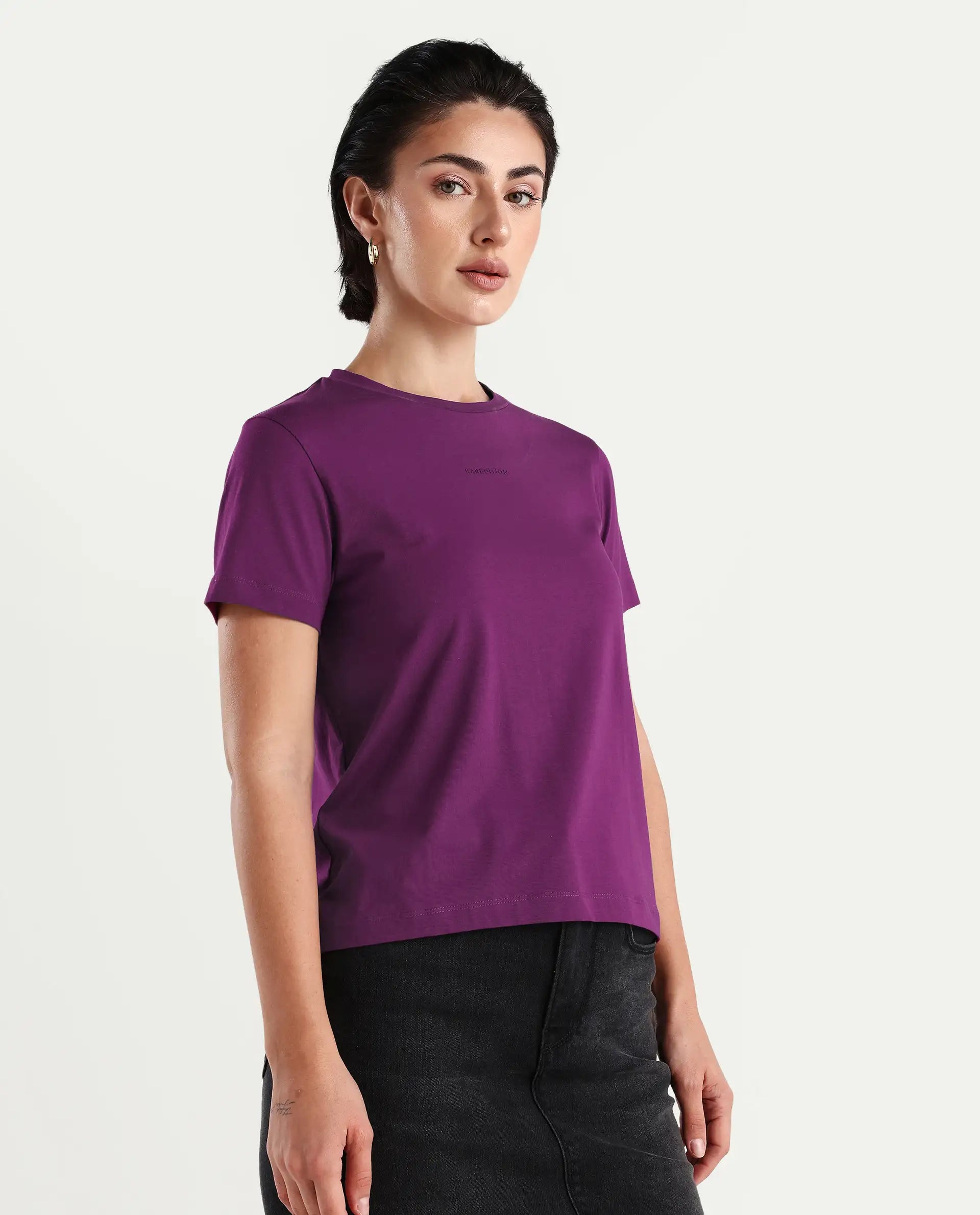 Rareism Women's Carob Dark Pink Linen Crew Neck Plain Regular Fit T-Shirt