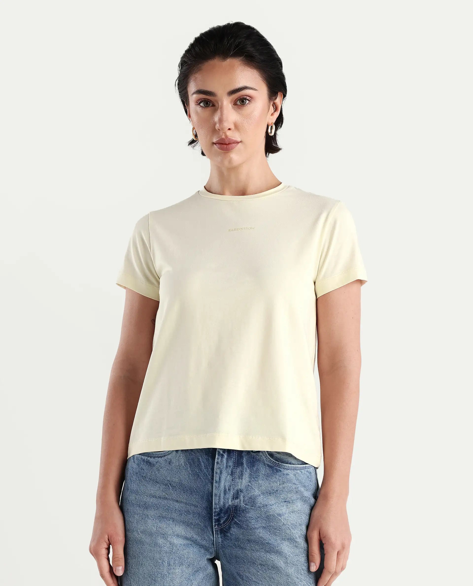 Rareism Women's Carob Off White Linen Crew Neck Typography Print Regular Fit T-Shirt