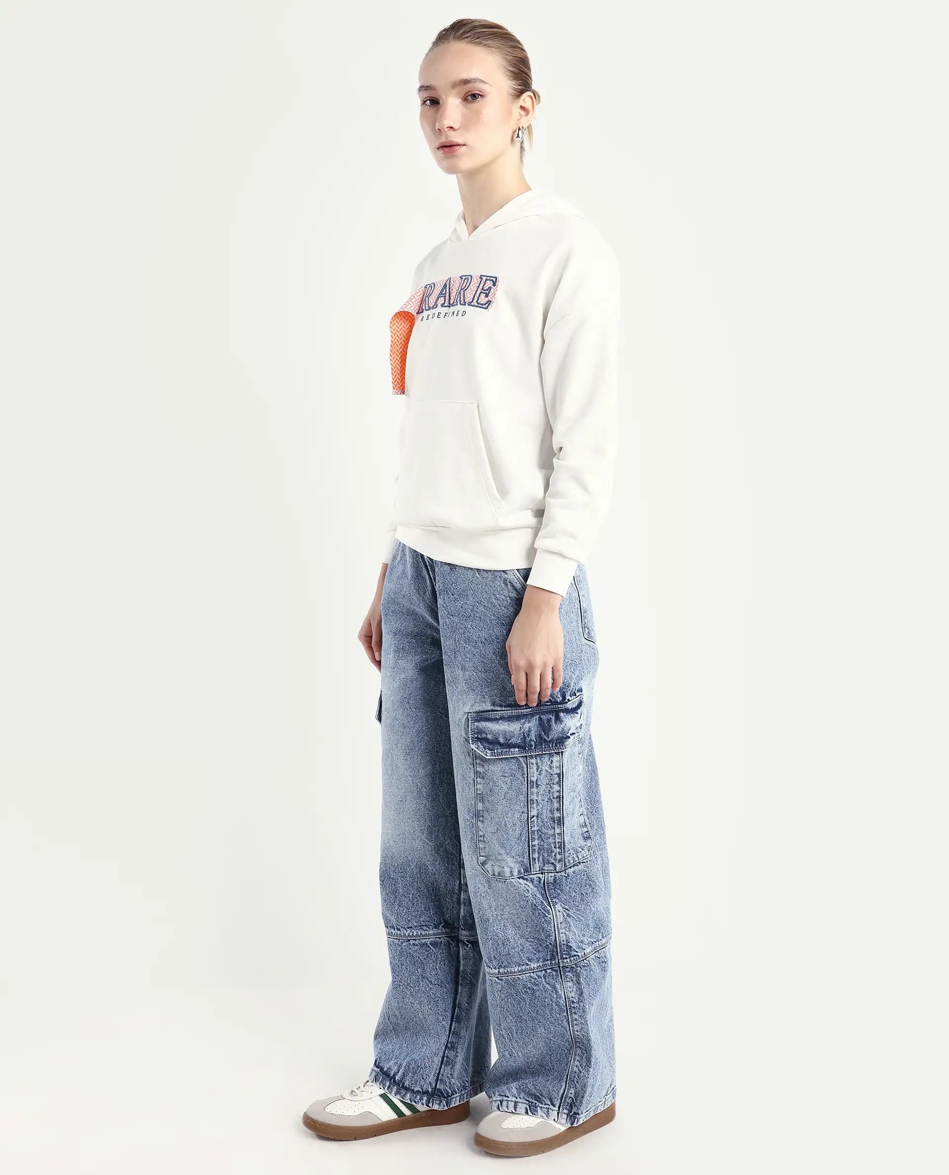 Rareism Women's Caro Light Blue Cotton Plain Ankle Length Baggy Jeans