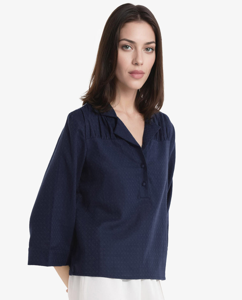 Rareism Women Carrara Dark Blue 3/4Th Sleeve Lapel Collar Button Closure Plain Top