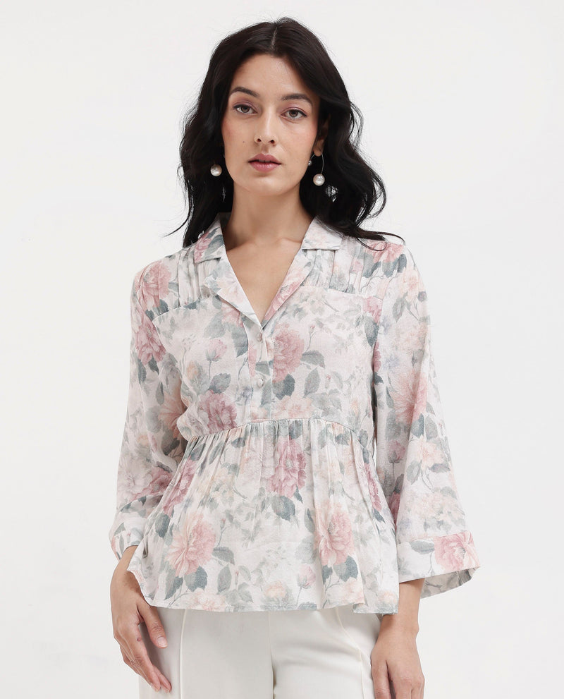 Rareism Women Carrarao Light Multi Button Closure 3/4Th Sleeve Lapel Neck Floral Print Top