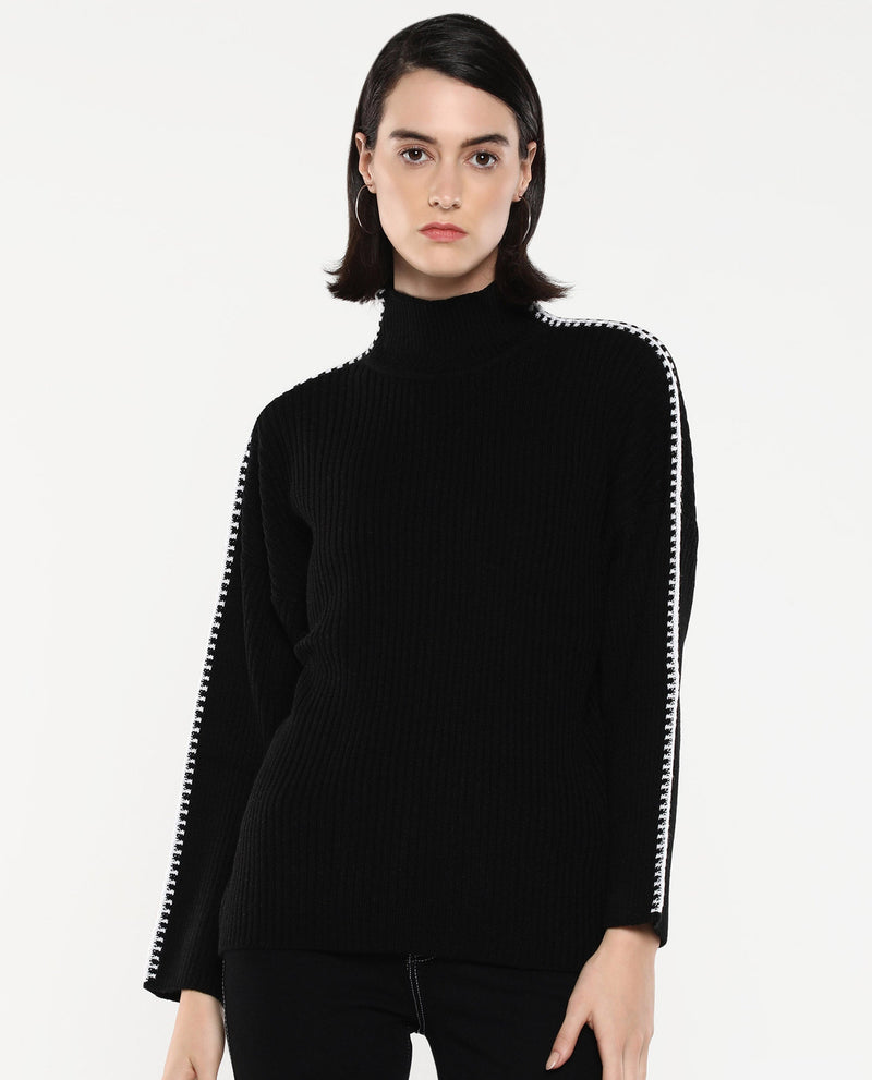 Rareism Women Cassiopiea Black Acrylic Fabric Relaxed Fit Plain Sweater