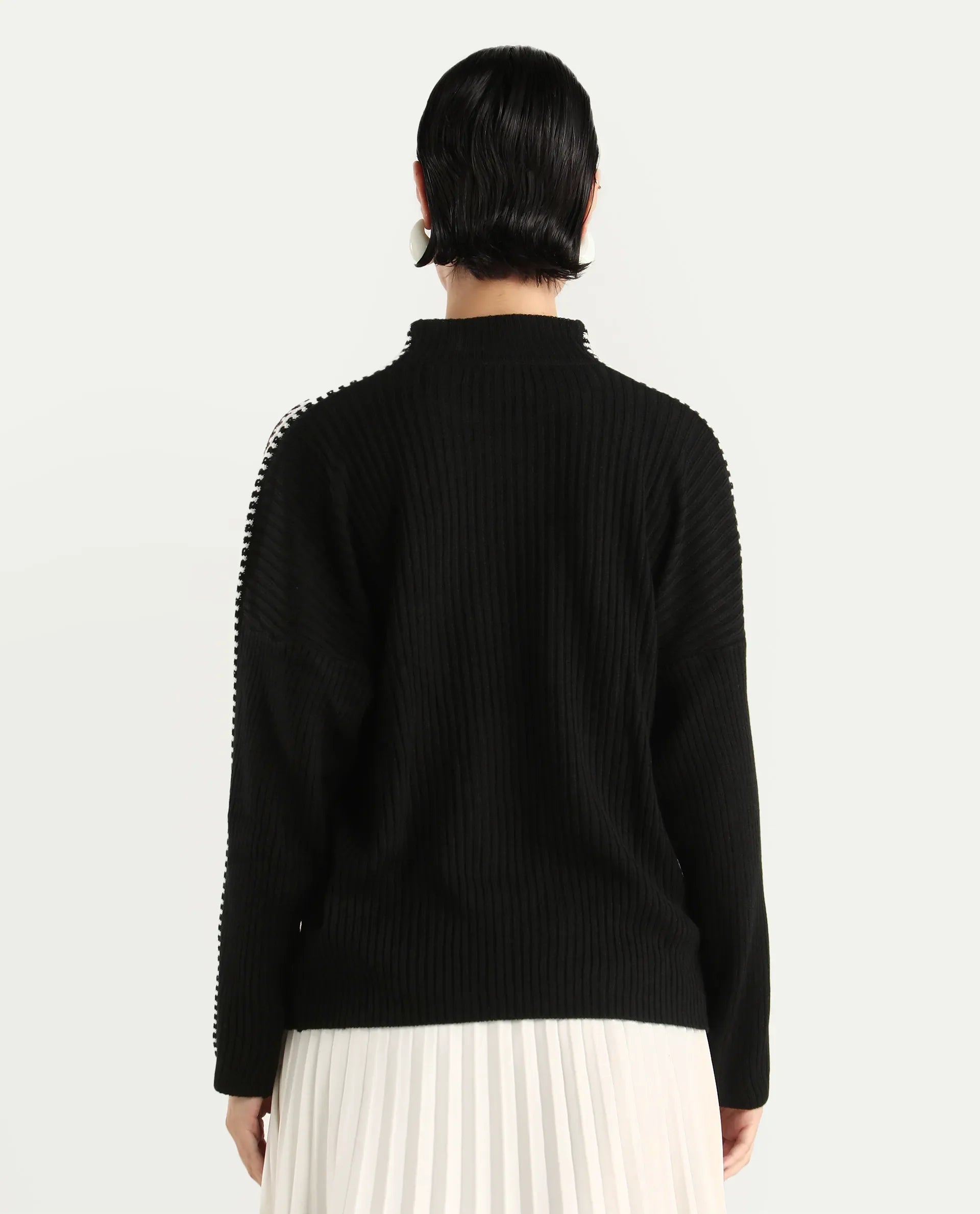 Rareism Women's Cassiopiea Black Acrylic High Neck Plain Relaxed Fit Sweater
