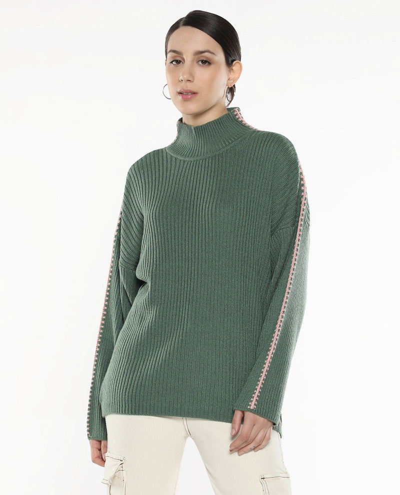 Rareism Women Cassiopiea Olive Acrylic Fabric Relaxed Fit Plain Sweater