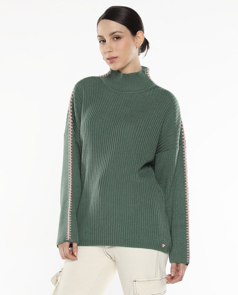 Rareism Women Cassiopiea Olive Acrylic Fabric Relaxed Fit Plain Sweater