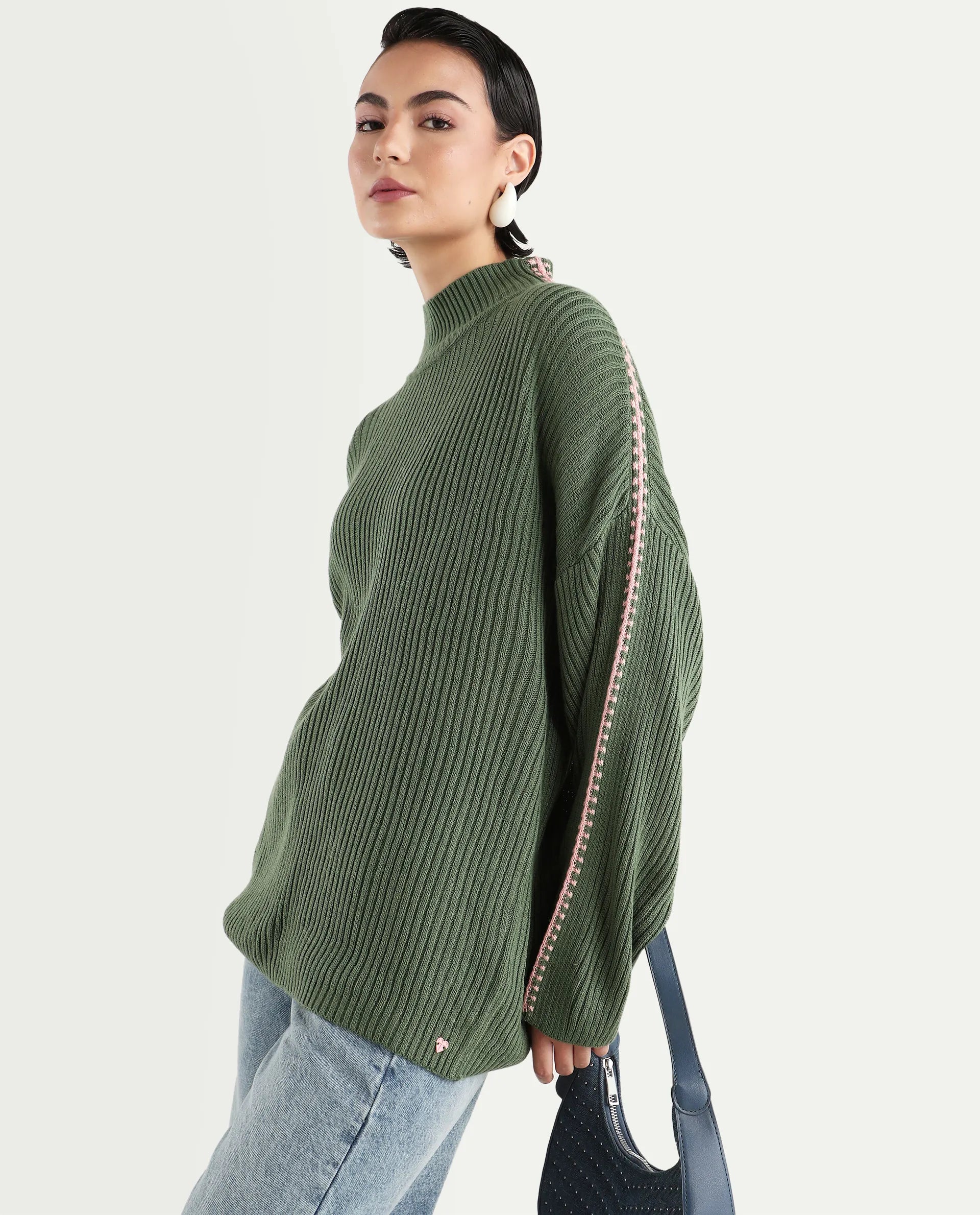 Rareism Women's Cassiopiea Olive Acrylic High Neck Plain Relaxed Fit Sweater
