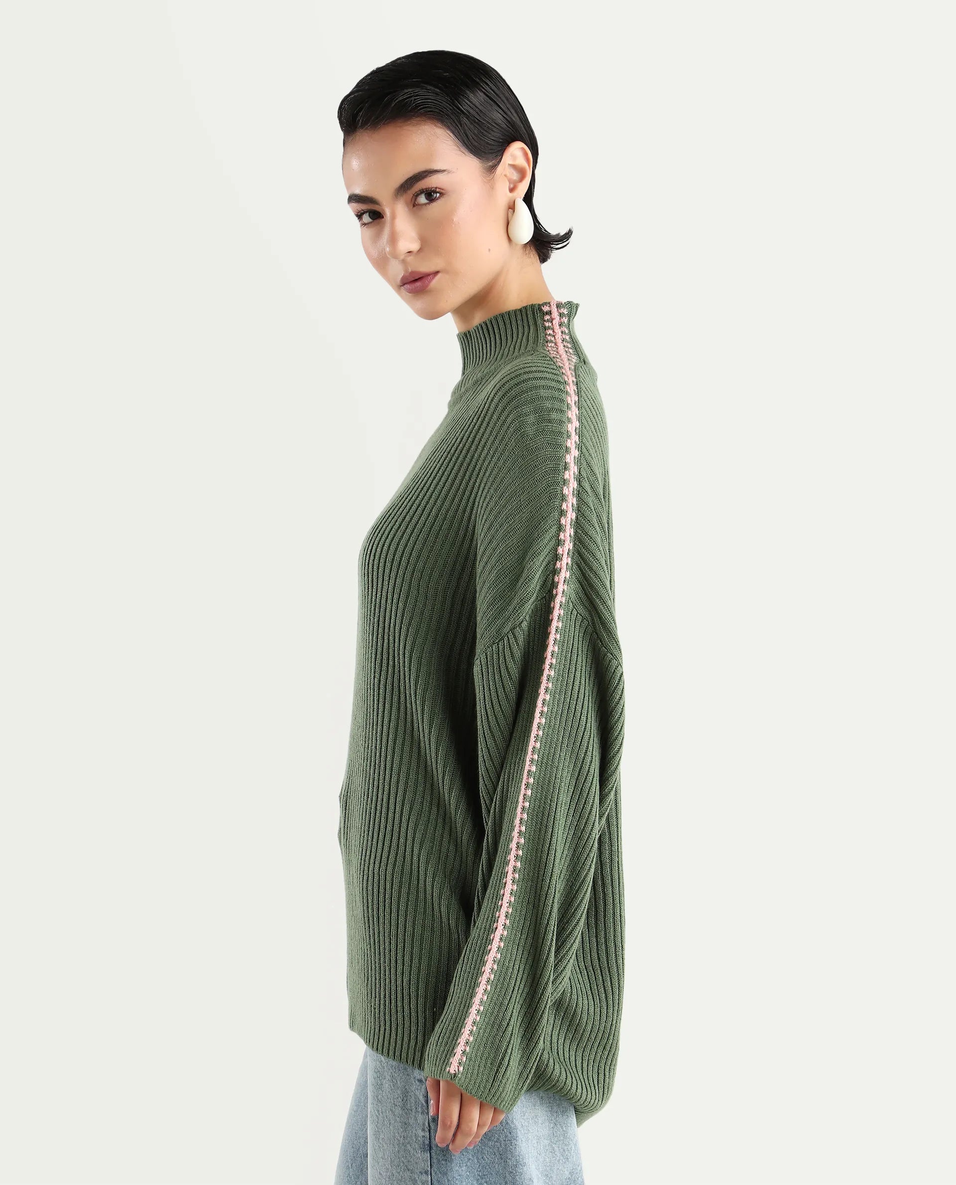 Rareism Women's Cassiopiea Olive Acrylic High Neck Plain Relaxed Fit Sweater