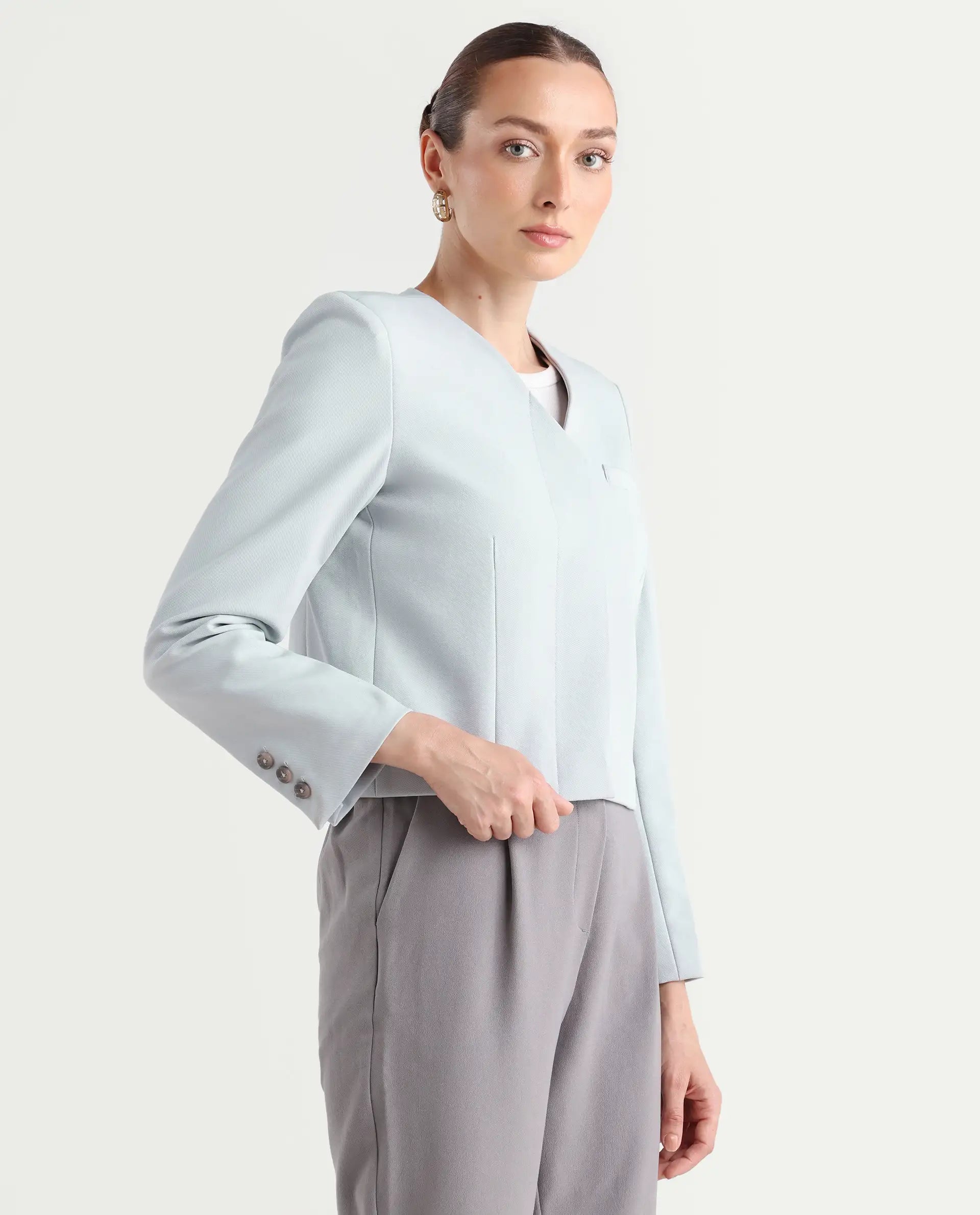 Rareism Women's Castlei Light Grey V-Neck Plain Regular Fit Jacket