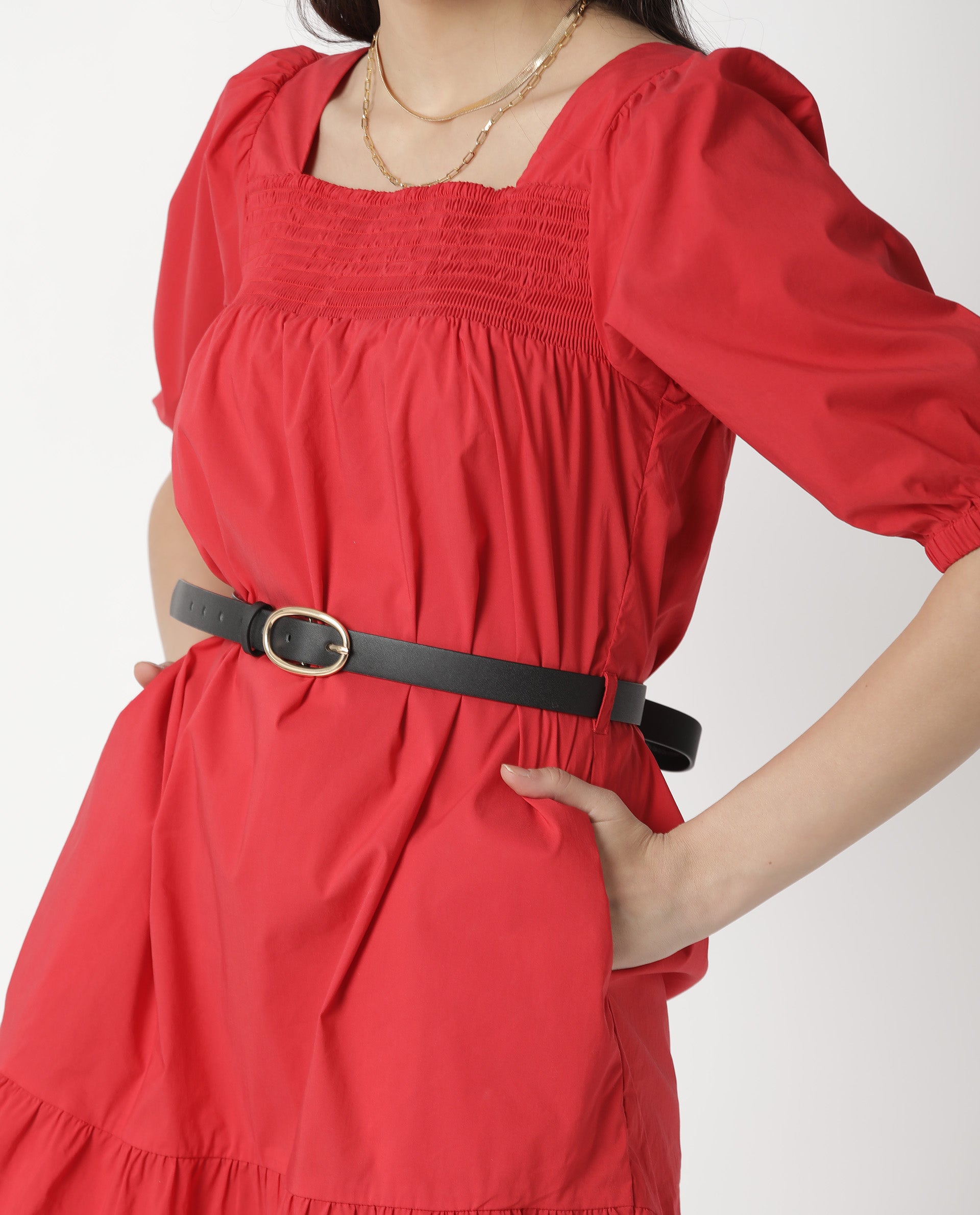 Rareism Womens Catchy Red Dress Cotton Lycra Fabric Relaxed Fit Puff Sleeves Square Neck