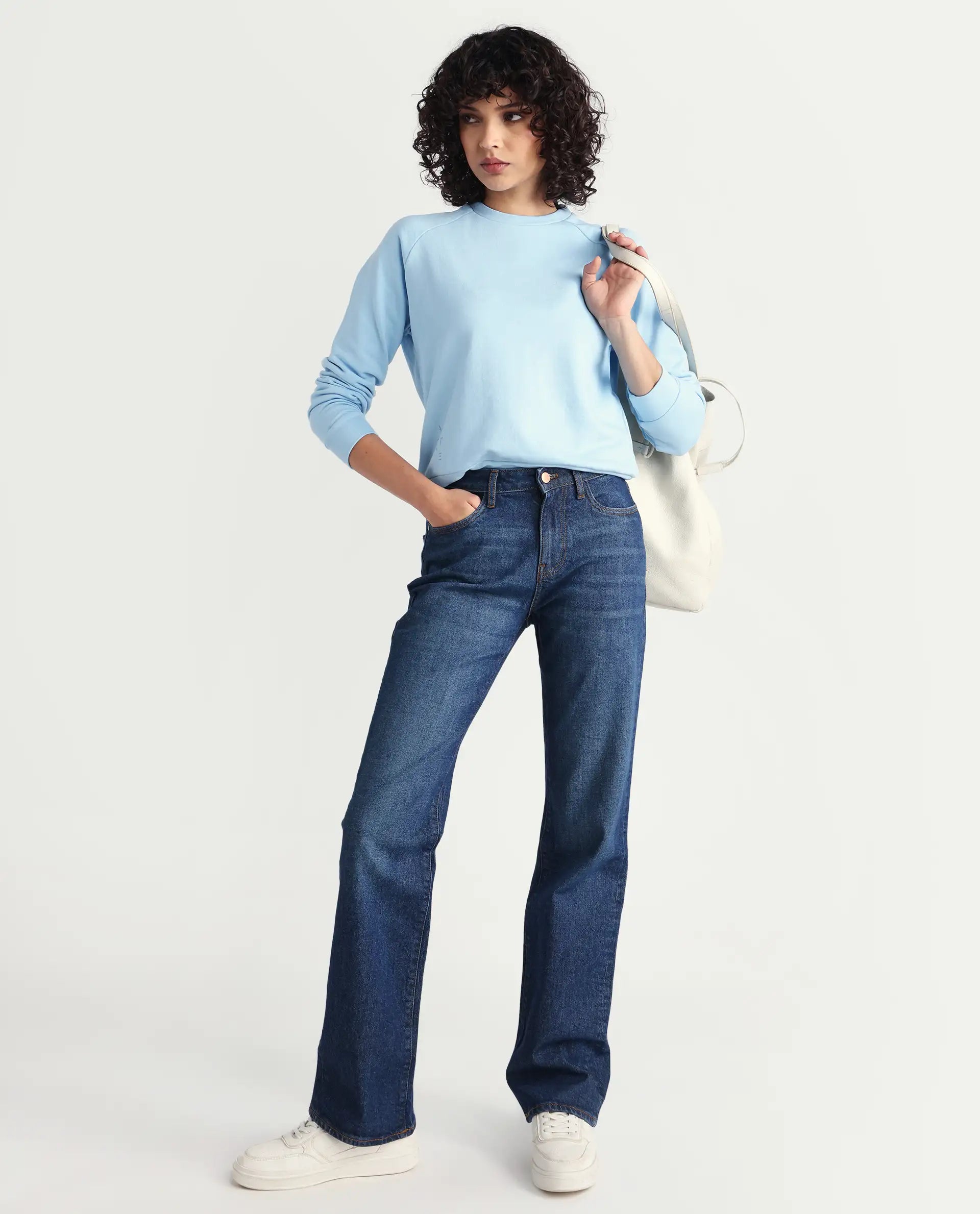 Rareism Women's Medium Weight Terry 290 Gsm Cotton Blend Crew Neck Plain Cuffed Sleeve Relaxed Fit Sweatshirt