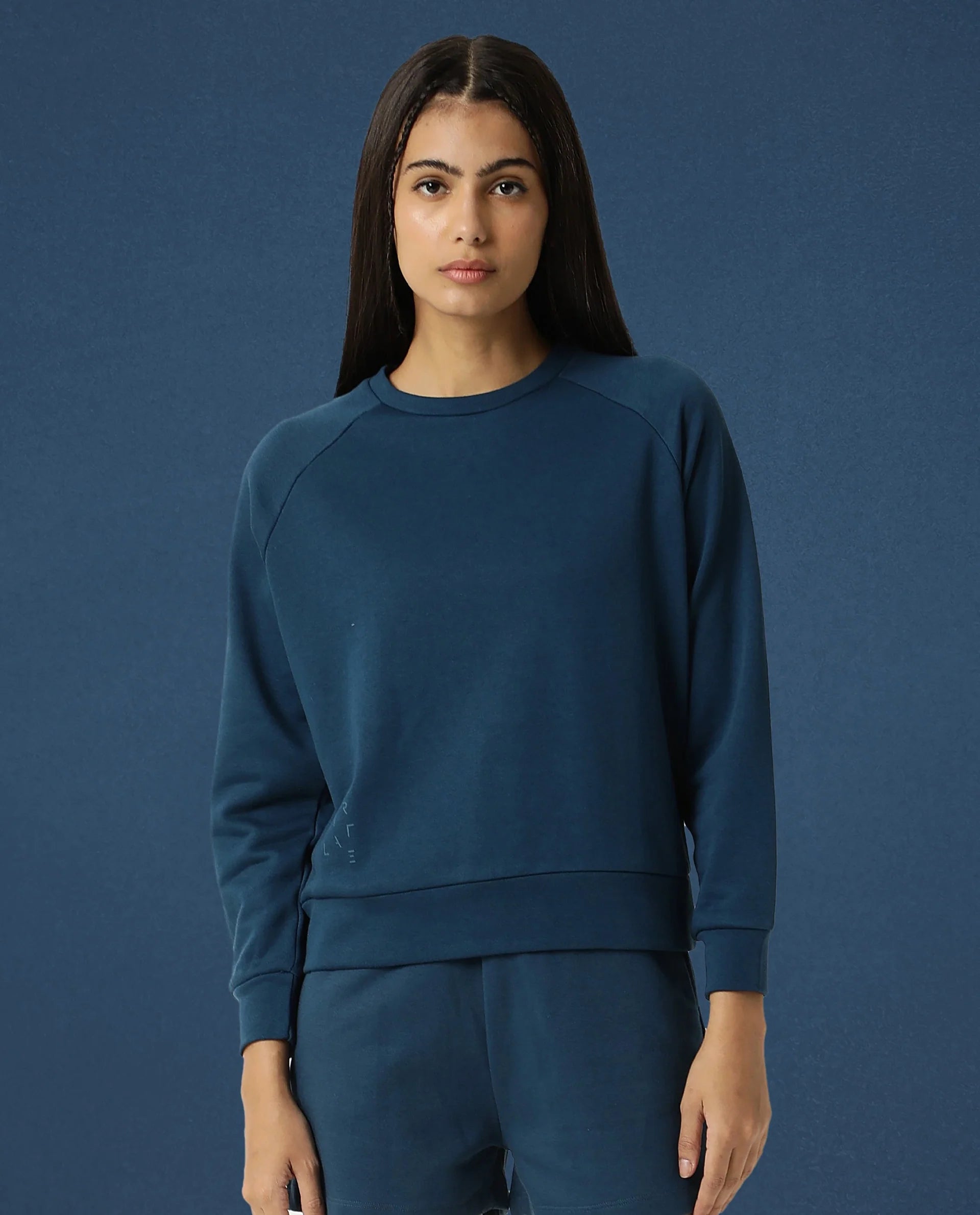 Rareism Women's Medium Weight Terry 290 Gsm Cotton Blend Crew Neck Plain Cuffed Sleeve Relaxed Fit Sweatshirt