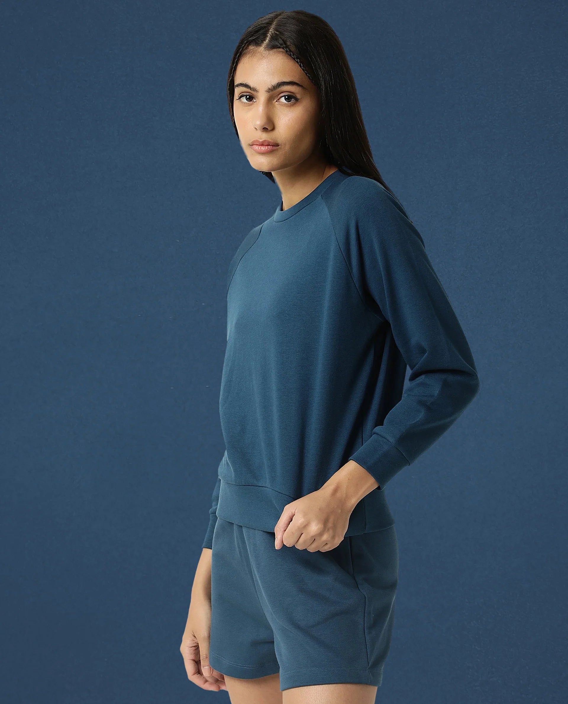 Rareism Women's Medium Weight Terry 290 Gsm Cotton Blend Crew Neck Plain Cuffed Sleeve Relaxed Fit Sweatshirt