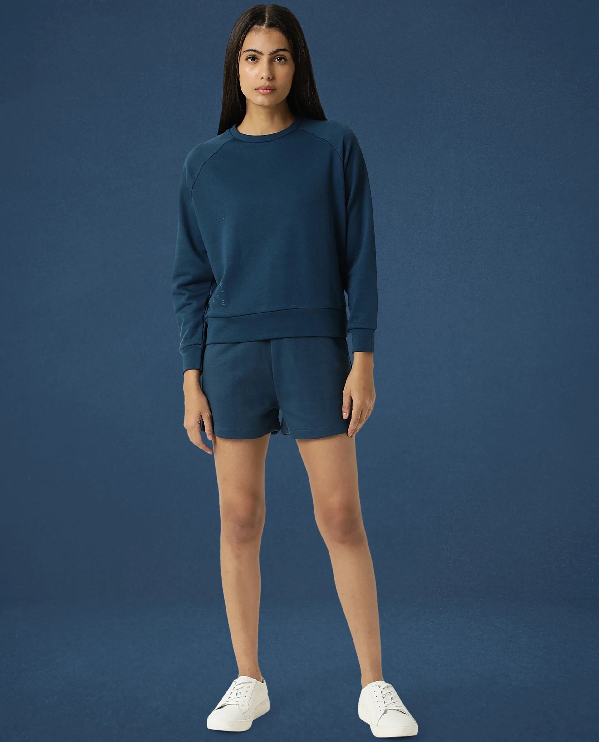 Rareism Women's Medium Weight Terry 290 Gsm Cotton Blend Crew Neck Plain Cuffed Sleeve Relaxed Fit Sweatshirt