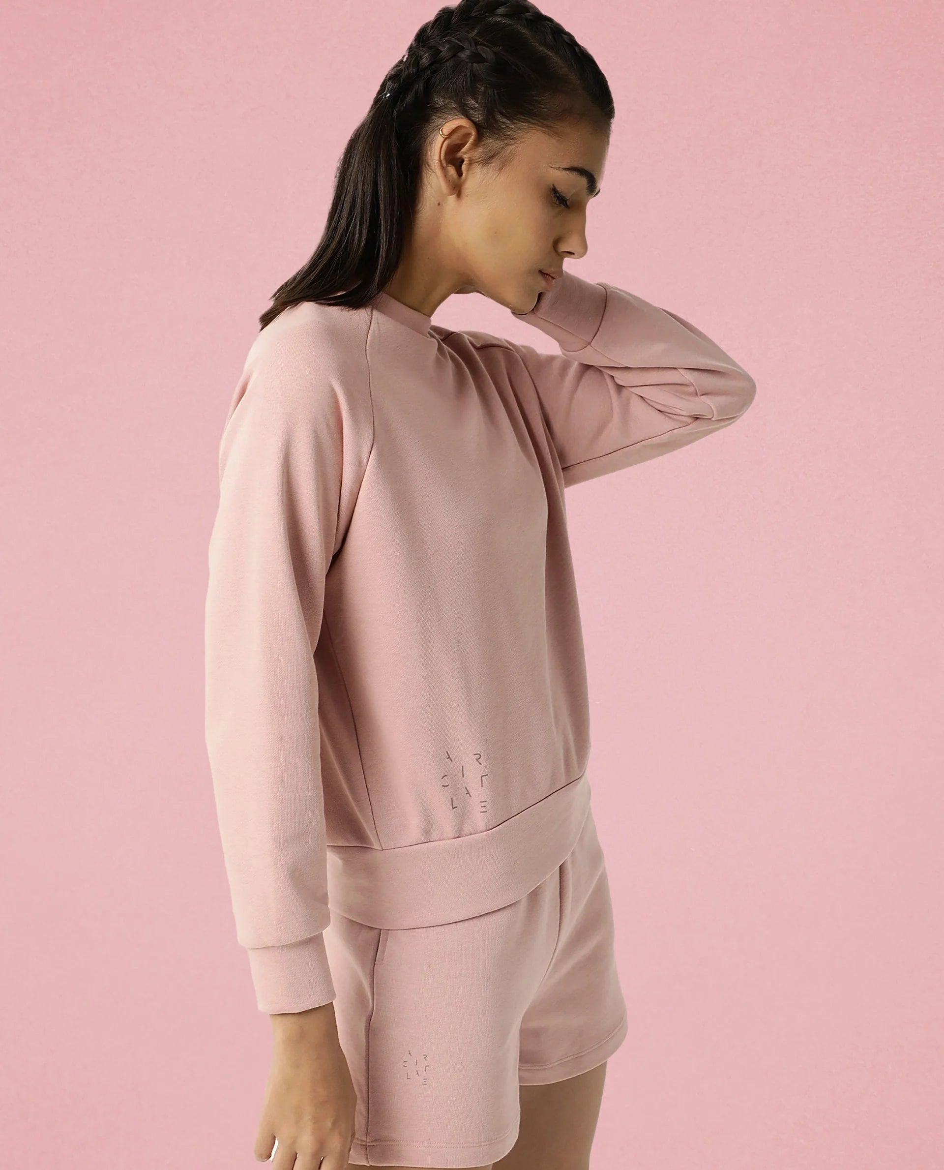 Rareism Women's Medium Weight Terry 290 Gsm Cotton Blend Crew Neck Plain Cuffed Sleeve Relaxed Fit Sweatshirt