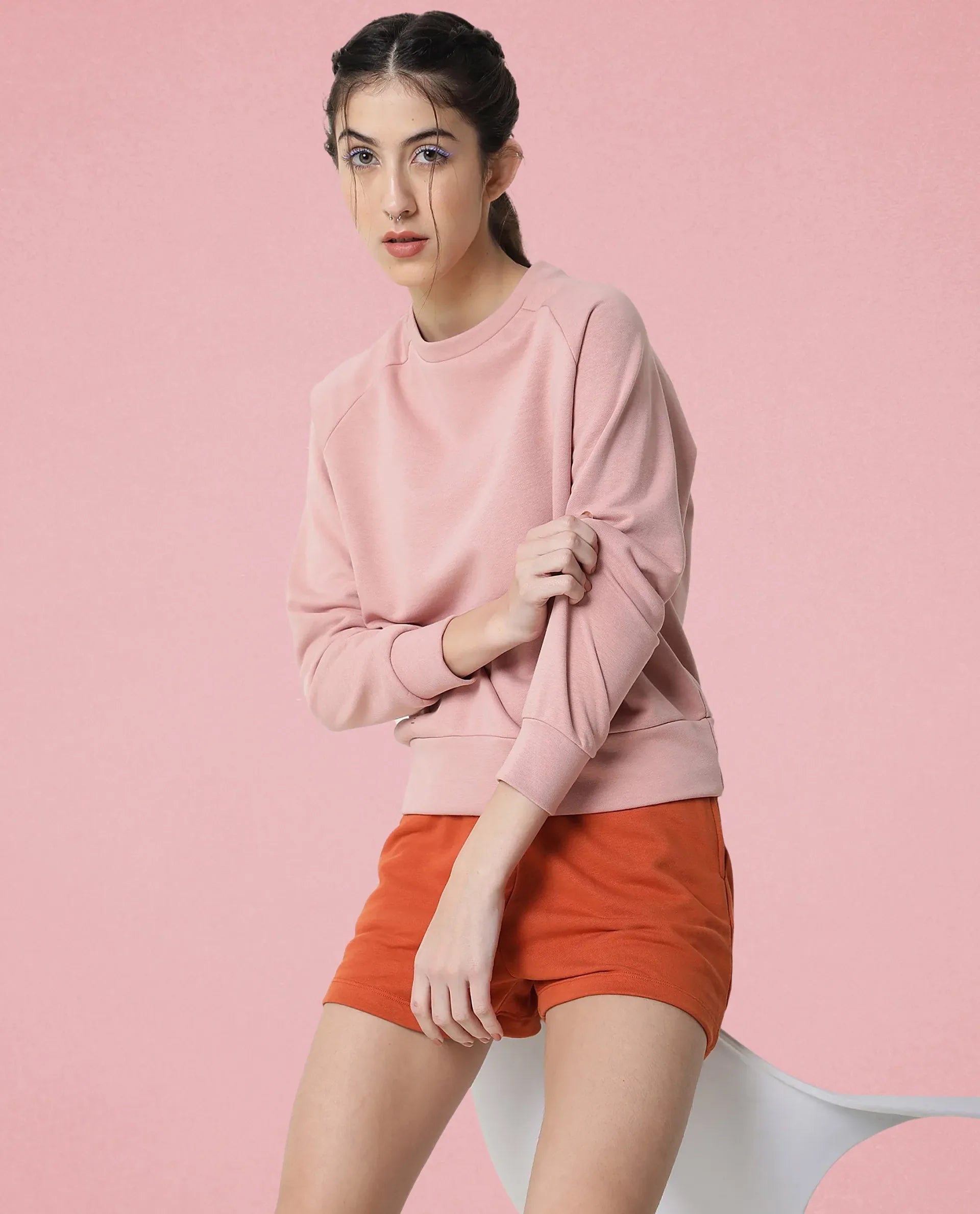 Rareism Women's Medium Weight Terry 290 Gsm Cotton Blend Crew Neck Plain Cuffed Sleeve Relaxed Fit Sweatshirt