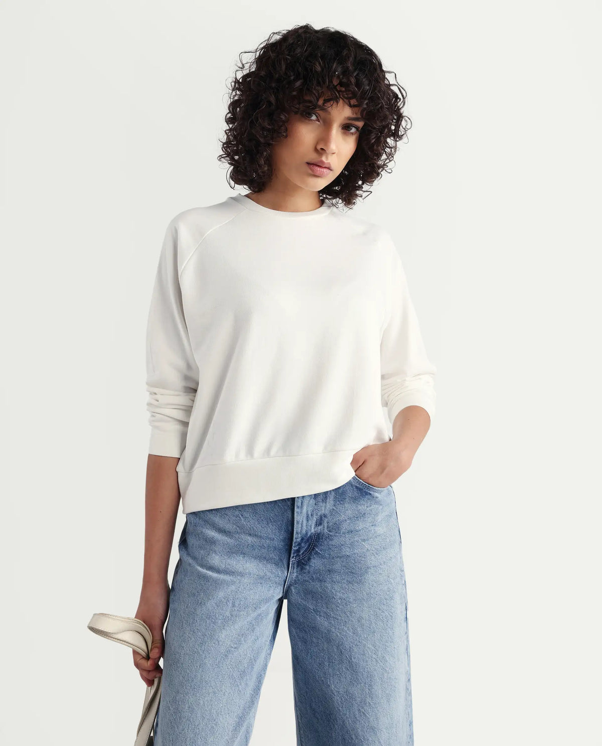 Rareism Women's Medium Weight Terry 290 Gsm Cotton Blend Crew Neck Plain Cuffed Sleeve Relaxed Fit Sweatshirt