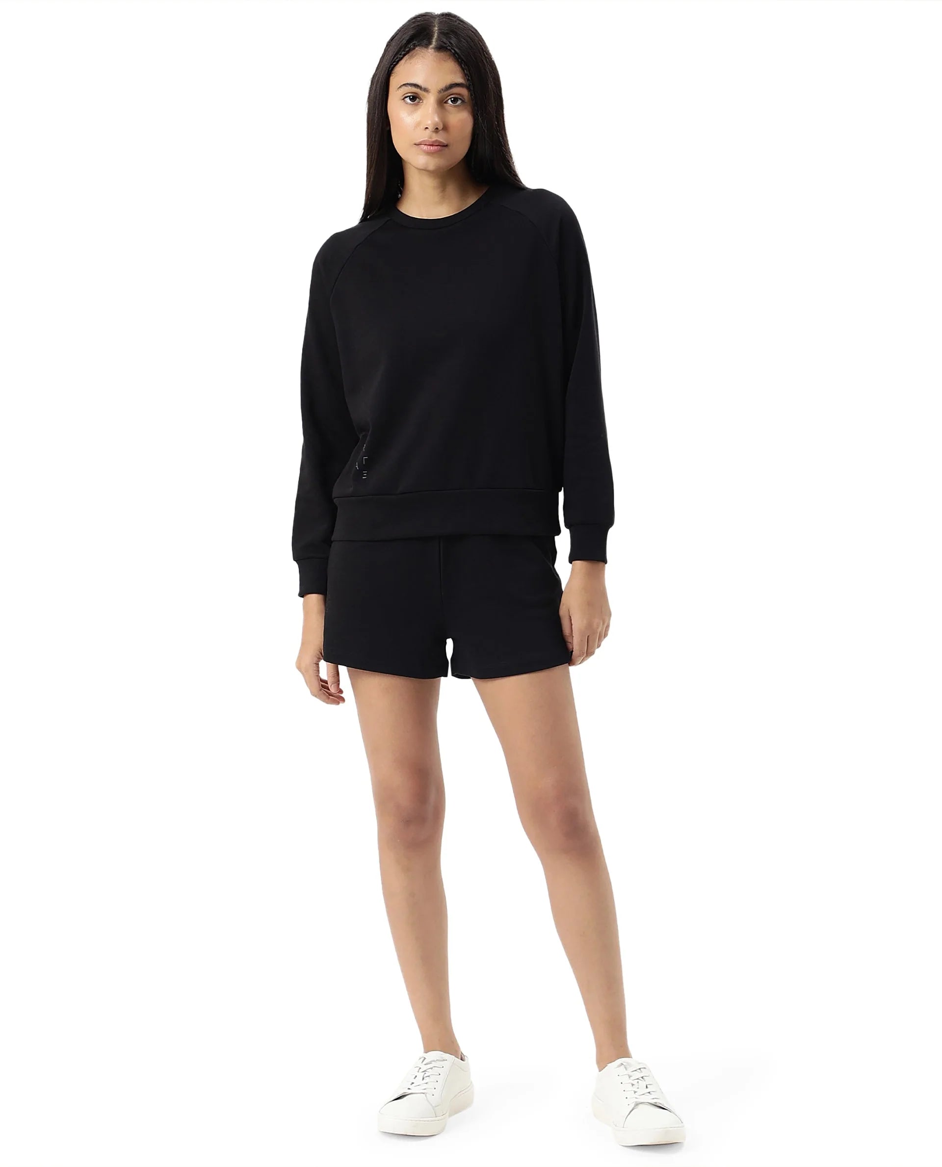 Rareism Women's Medium Weight Terry 290 Gsm Cotton Blend Crew Neck Plain Cuffed Sleeve Relaxed Fit Sweatshirt