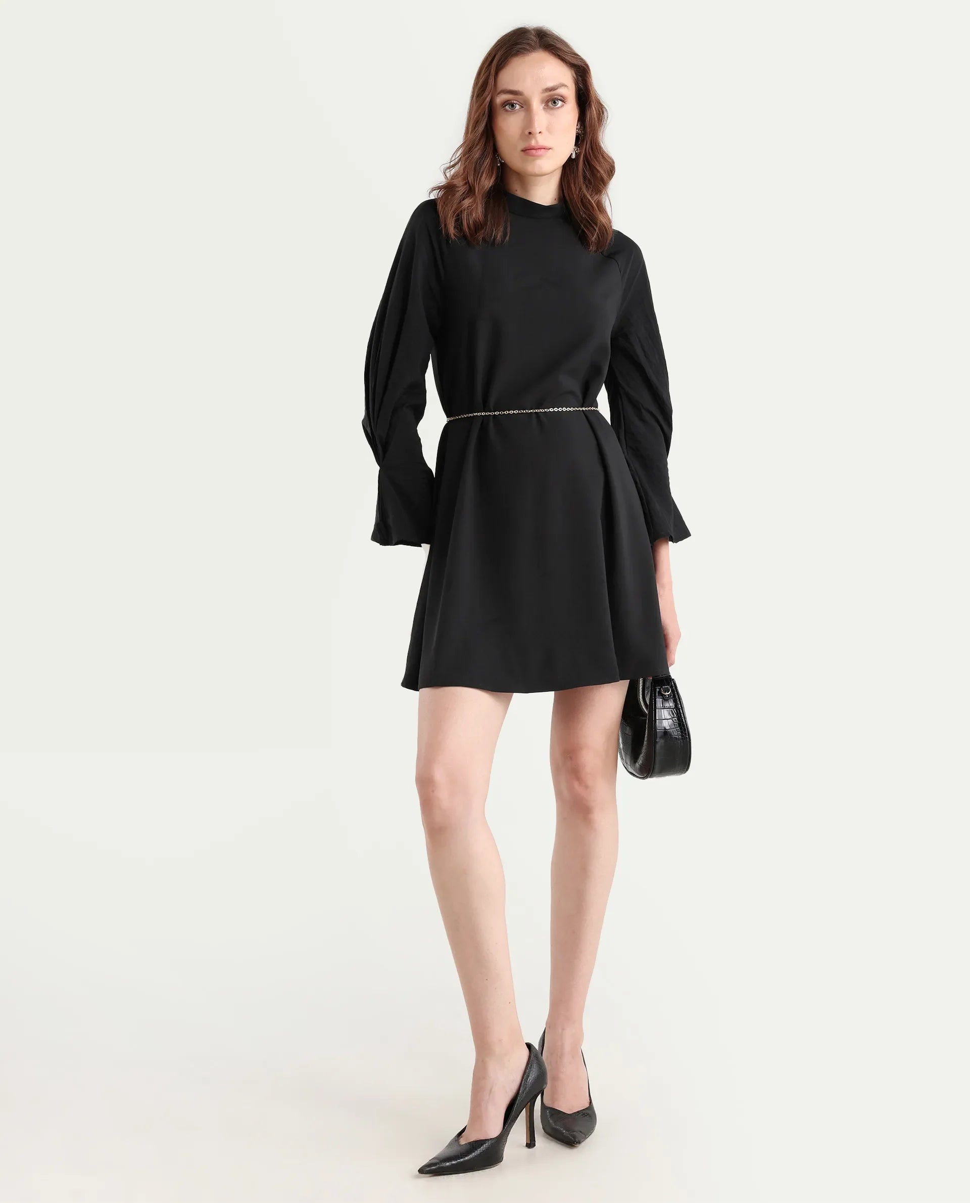 Rareism Women's Cayman Black Cotton Blend High Neck Plain Fashion Sleeve Mini Straight Fit Dress