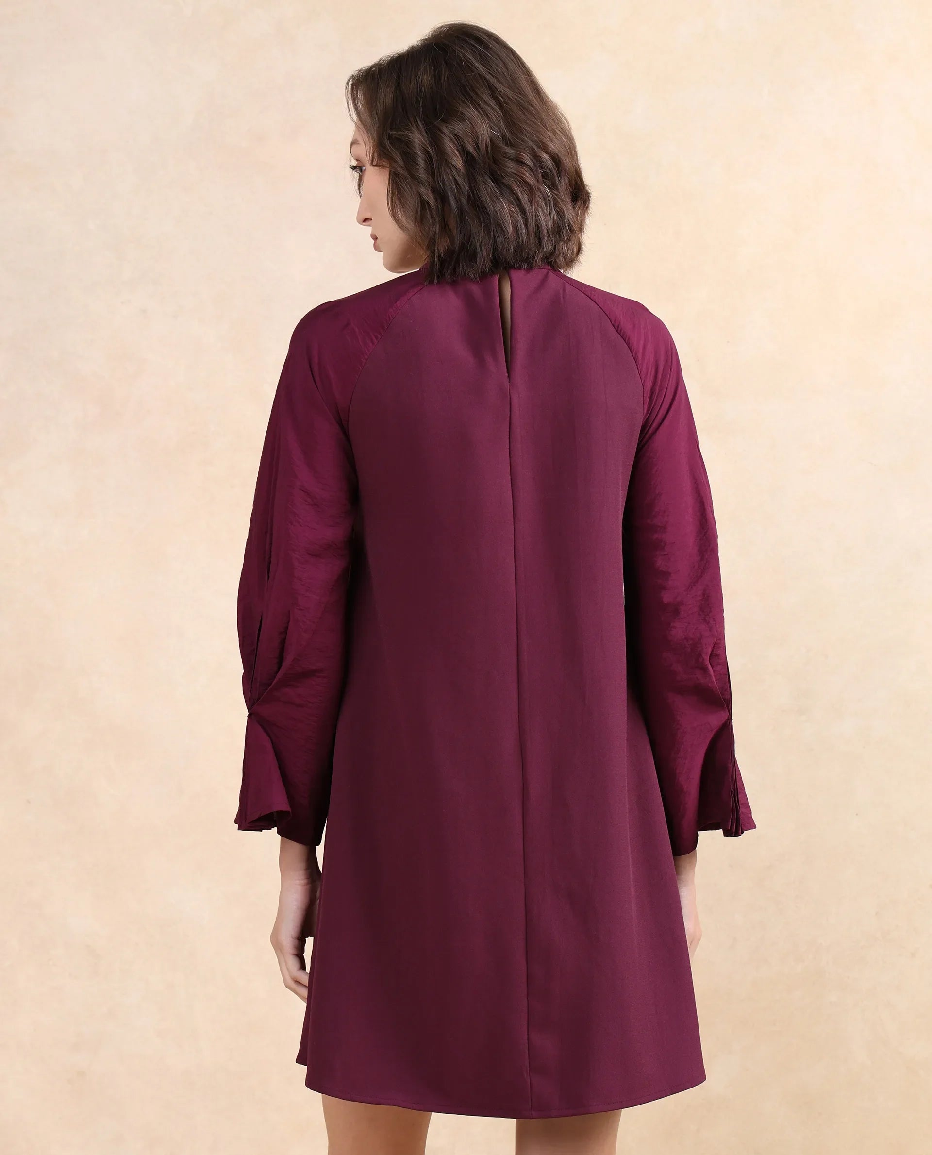 Rareism Women Cayman Maroon Polyester Fabric Fashion Sleeve High Neck Zipper Closure Straight Fit Midi Plain Dress