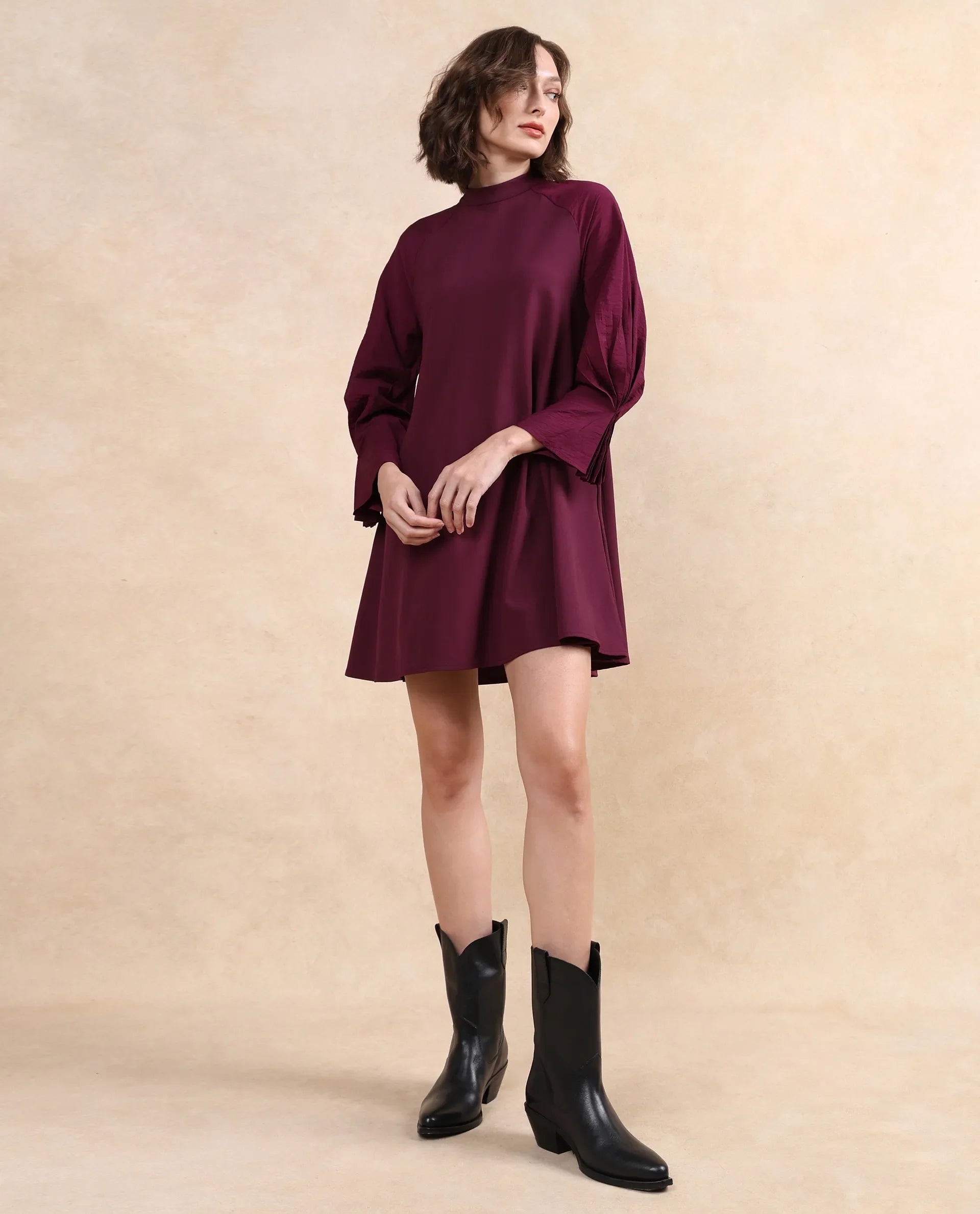 Rareism Women Cayman Maroon Polyester Fabric Fashion Sleeve High Neck Zipper Closure Straight Fit Midi Plain Dress