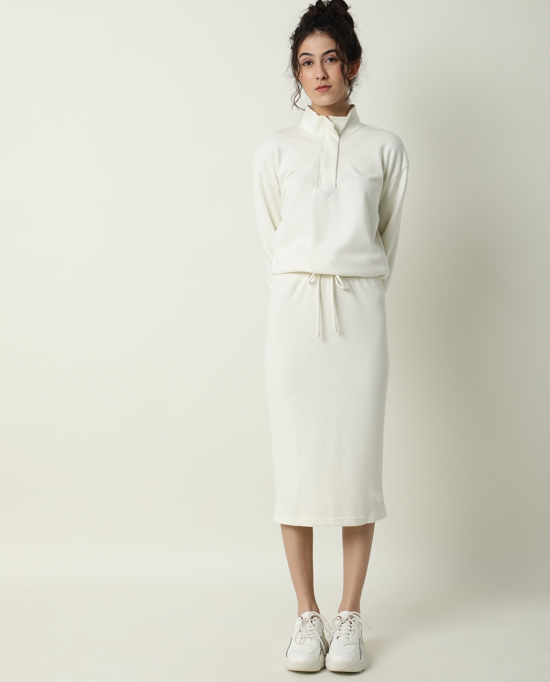 Rareism Women Fudge-1 Off White Poly Cotton Fabric Tailored Fit High Rise Solid Midi Skirt