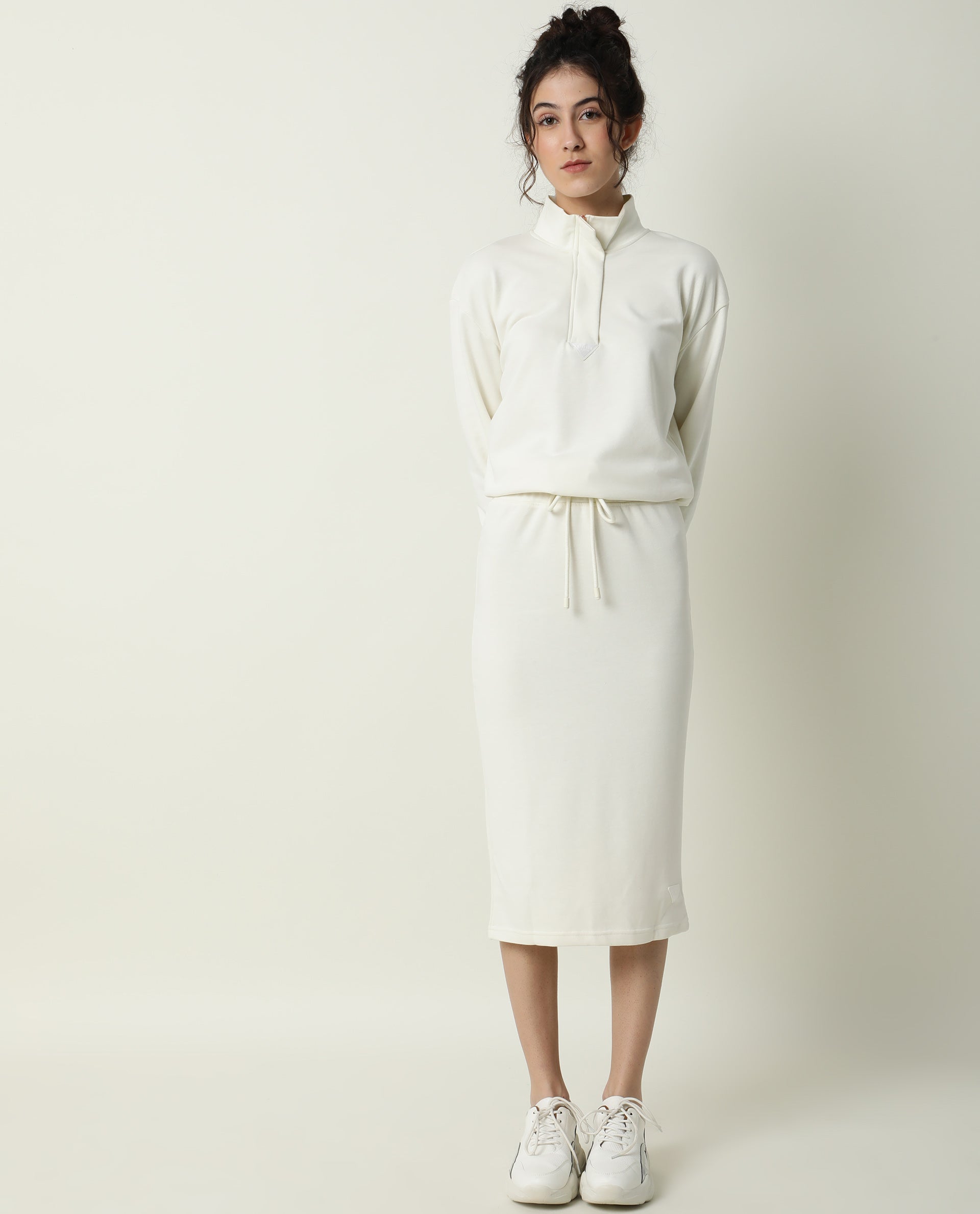 Rareism Women Taffy-1 Off White  Relaxed Fit Full Sleeves Solid High Neck Sweatshirt