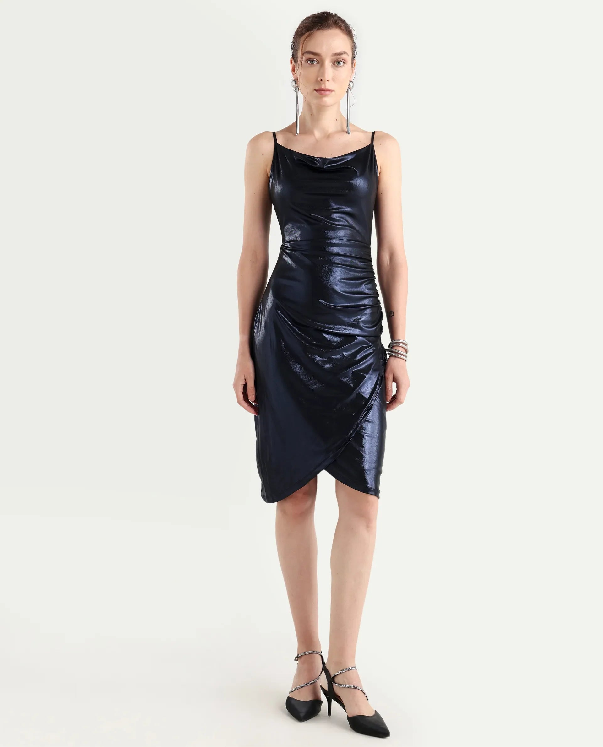 Rareism Women's Cebu Metallic Blue Polyester Cowl Neck Plain Sleeveless Midi Fitted Dress