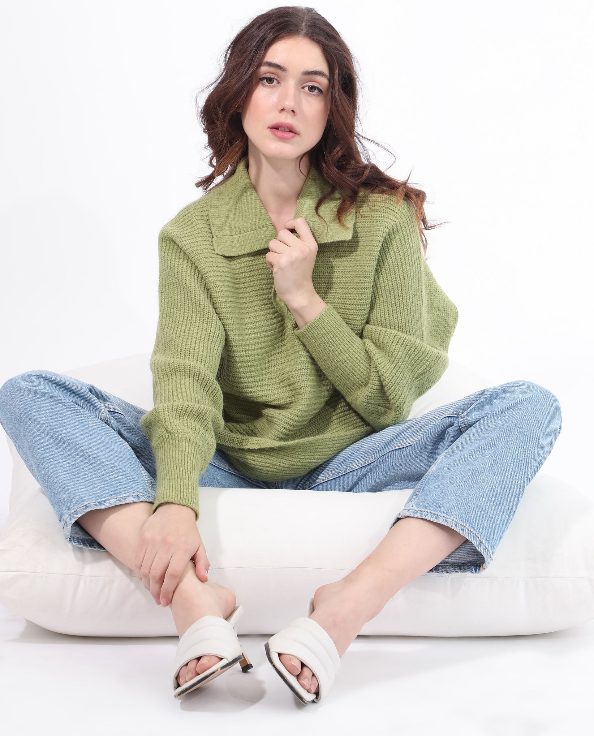 Rareism Women Cecile Dusky Green Acrylic Fabric Full Sleeves Relaxed Fit Solid Drop Collar Sweater