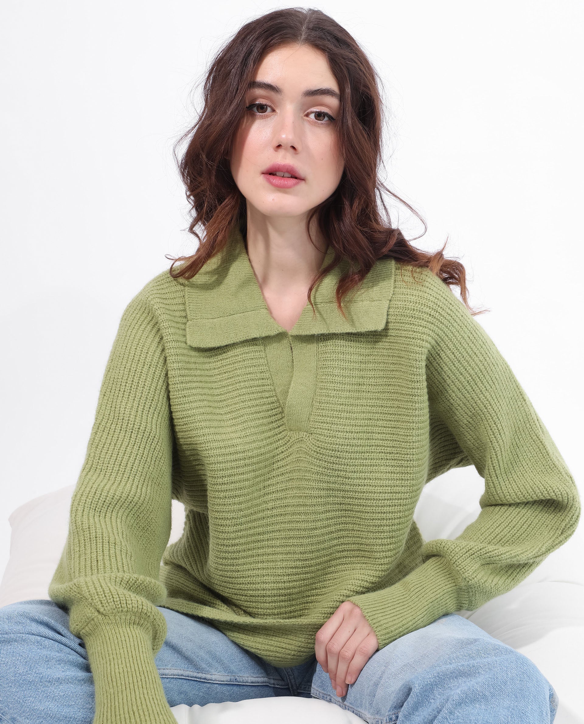 Rareism Women Cecile Dusky Green Acrylic Fabric Full Sleeves Relaxed Fit Solid Drop Collar Sweater