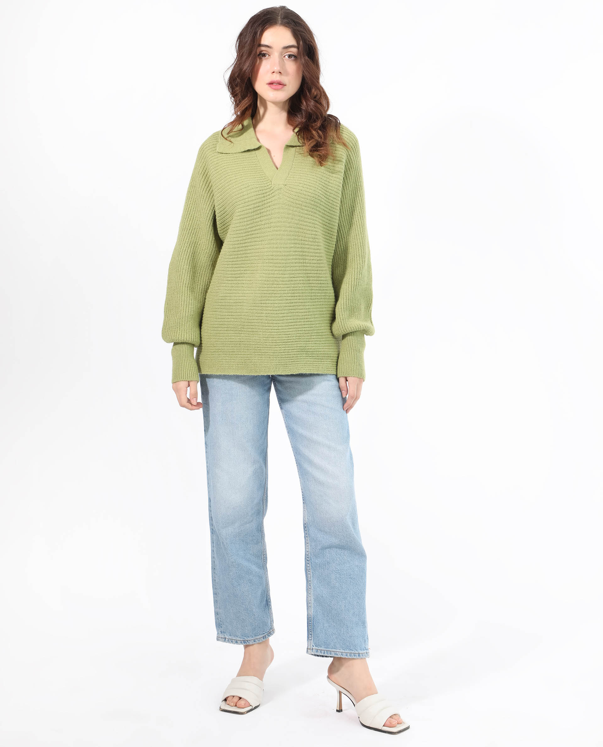 Rareism Women Cecile Dusky Green Acrylic Fabric Full Sleeves Relaxed Fit Solid Drop Collar Sweater