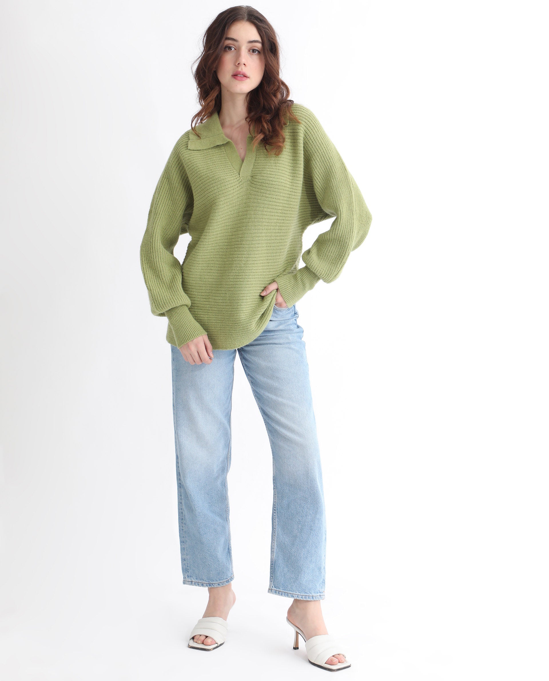 Rareism Women Cecile Dusky Green Acrylic Fabric Full Sleeves Relaxed Fit Solid Drop Collar Sweater
