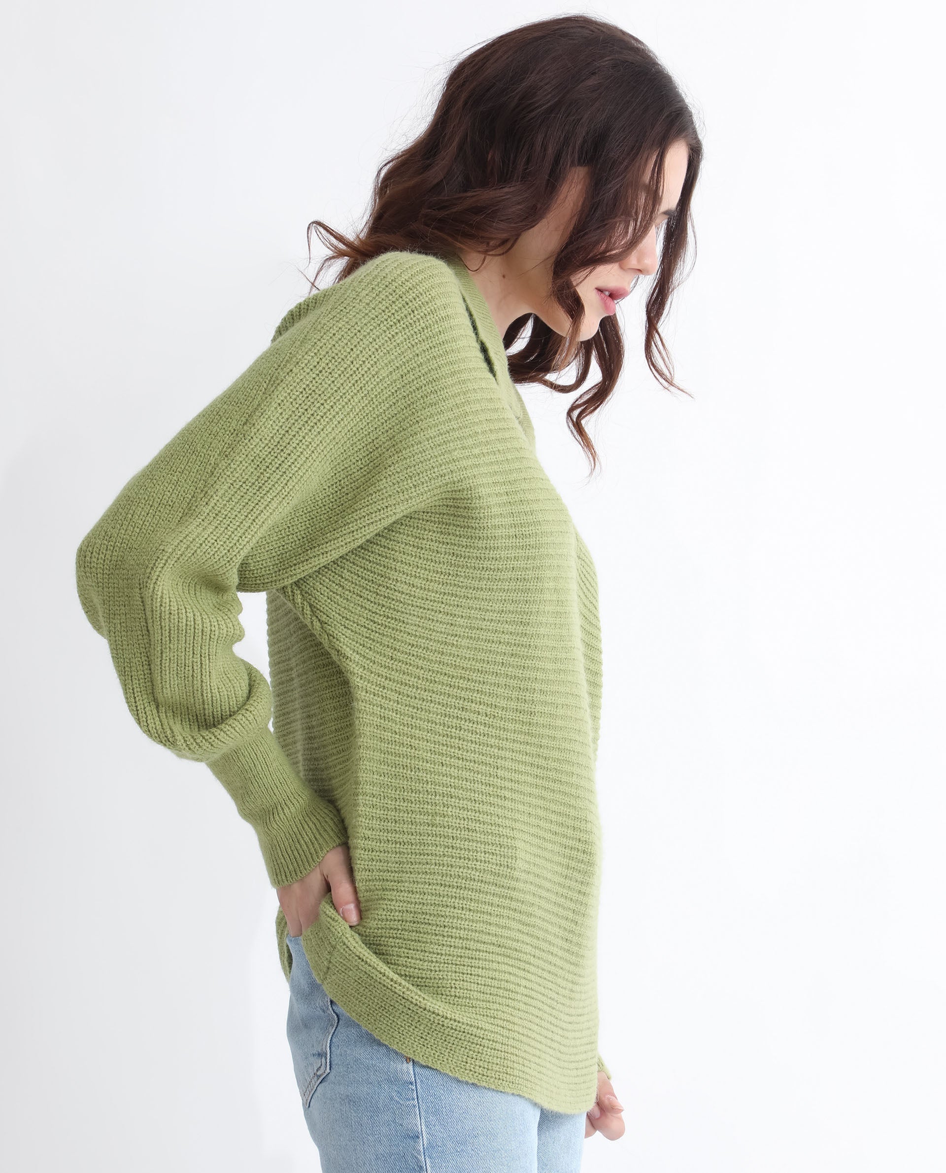 Rareism Women Cecile Dusky Green Acrylic Fabric Full Sleeves Relaxed Fit Solid Drop Collar Sweater